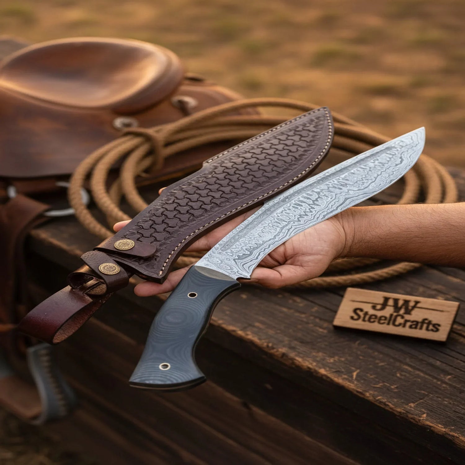 Damascus Rugged Kukri Machete Black Micarta Handle Full Tang Survival Machete 15