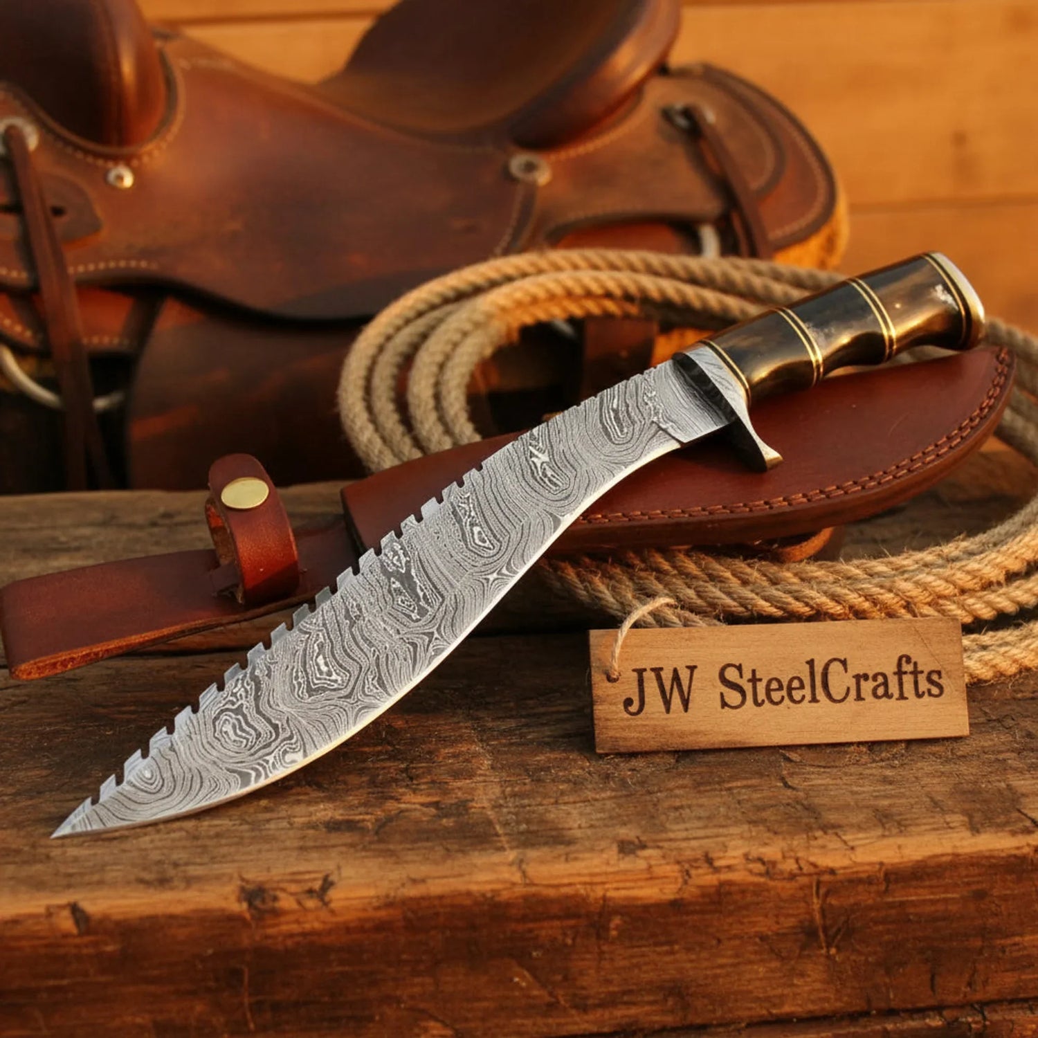 Hand Forged Damascus Gurkha Machete Black Resin Handle Brass Spacer Serrated Spine 12