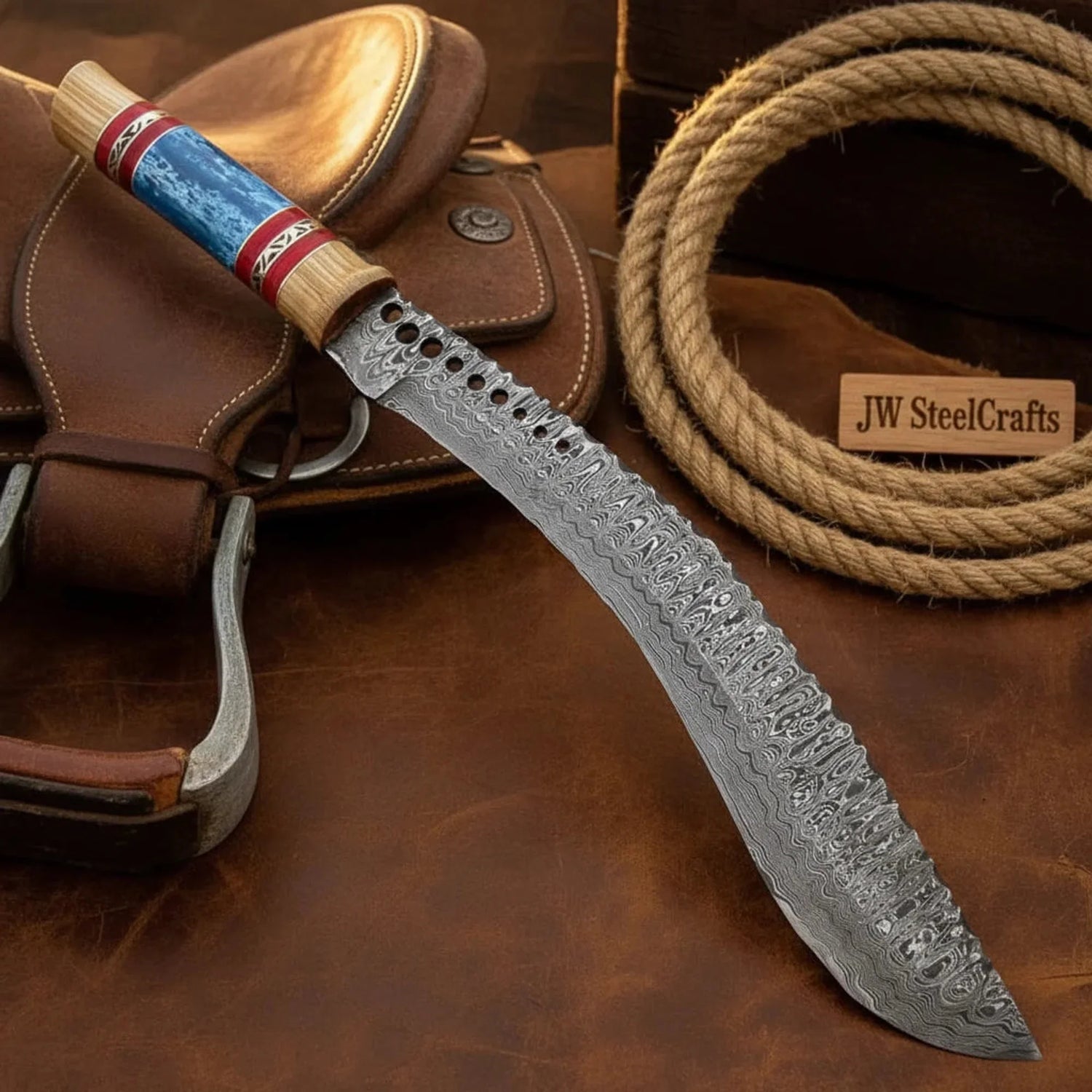 Damascus Sawback Kukri Machete Knife Blue Bone & Olive Wood Handle, 15