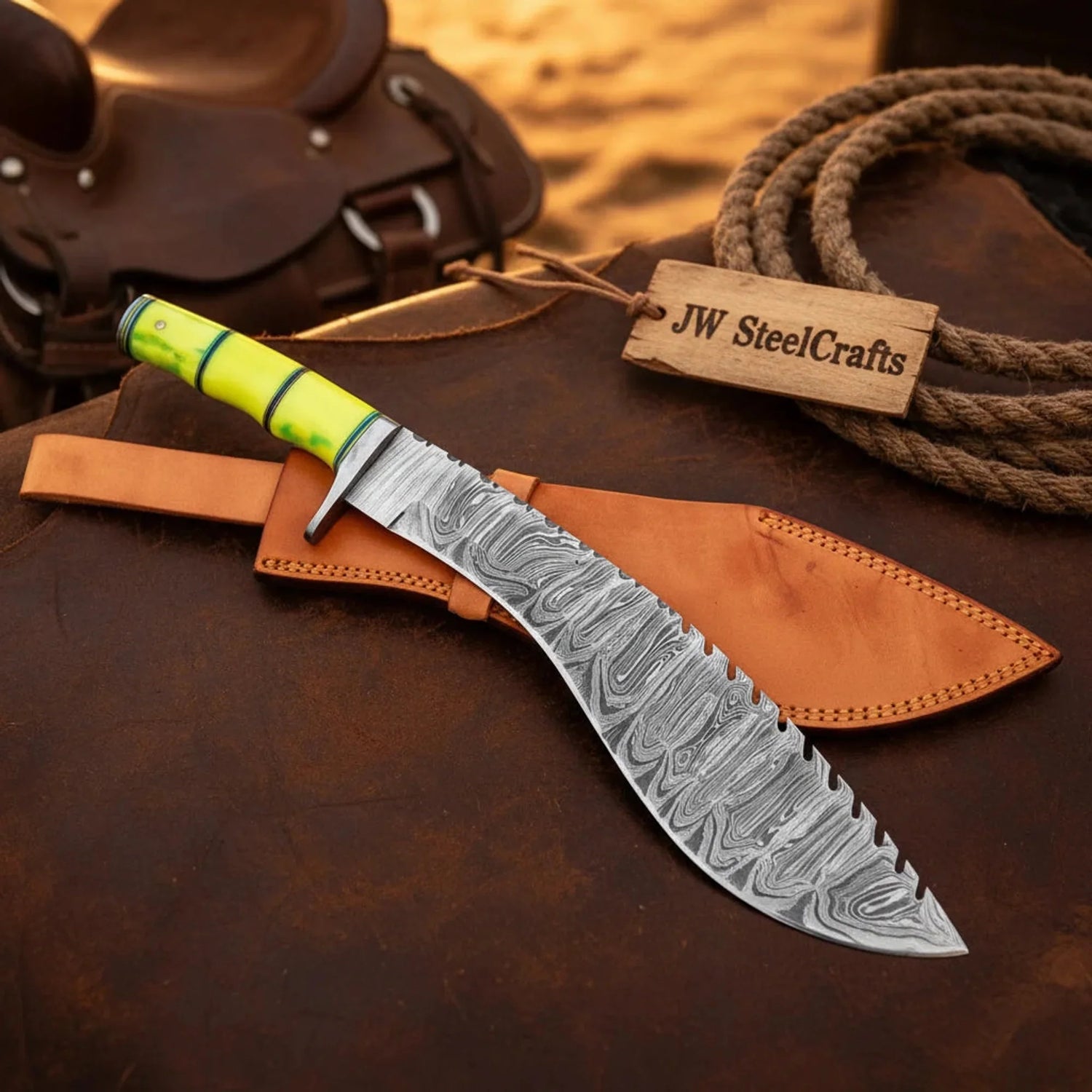 Damascus Gurkha Machete Knife yellow Resin Handle Serrated Spine Leather Sheath 15