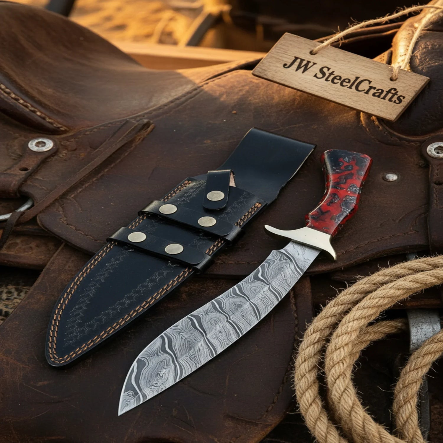 Red Swirl Resin Damascus Kukri Knife – Recurve Blade Black and Red Resin Handle