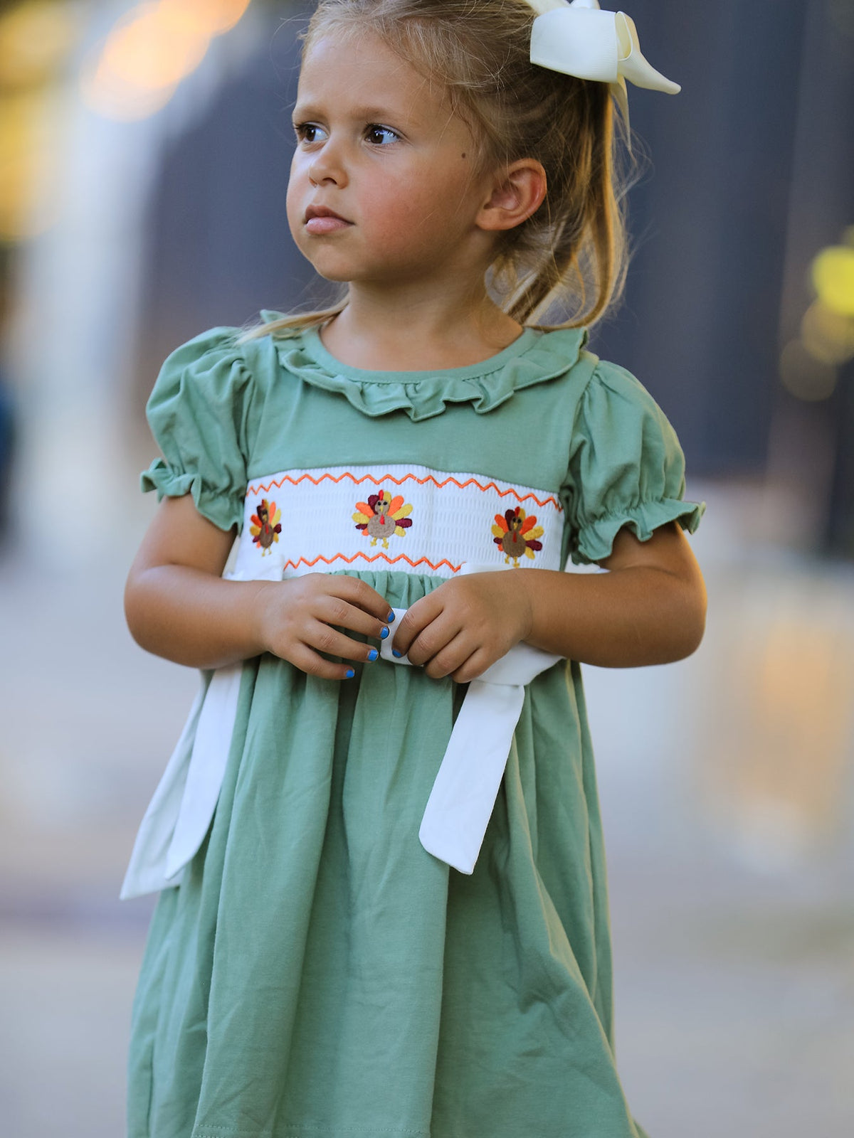 Fall Thanksgiving Chicken Smock Embroidered Green Baby Girl Dress