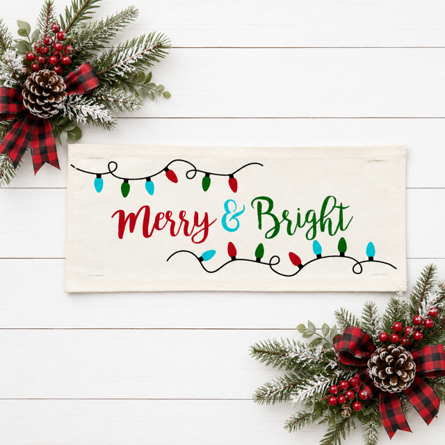 PANEL ONLY RECTANGLE: Holiday Panel: Winter, Christmas Lights, String of Lights, Farmhouse, Red, Green, Blue ; MERRY & BRIGHT