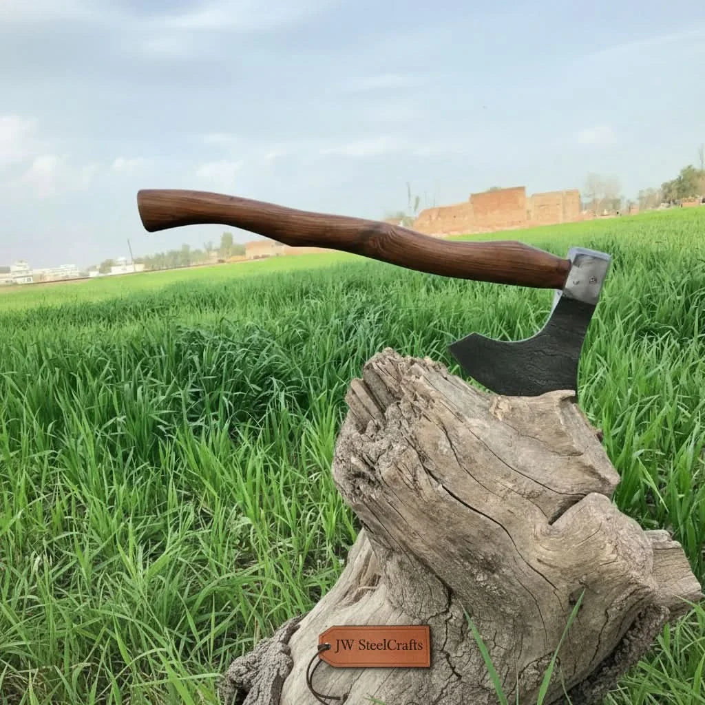 Matching Pair of Hand-Forged Damascus Bearded Axes with Curved Rosewood Handles