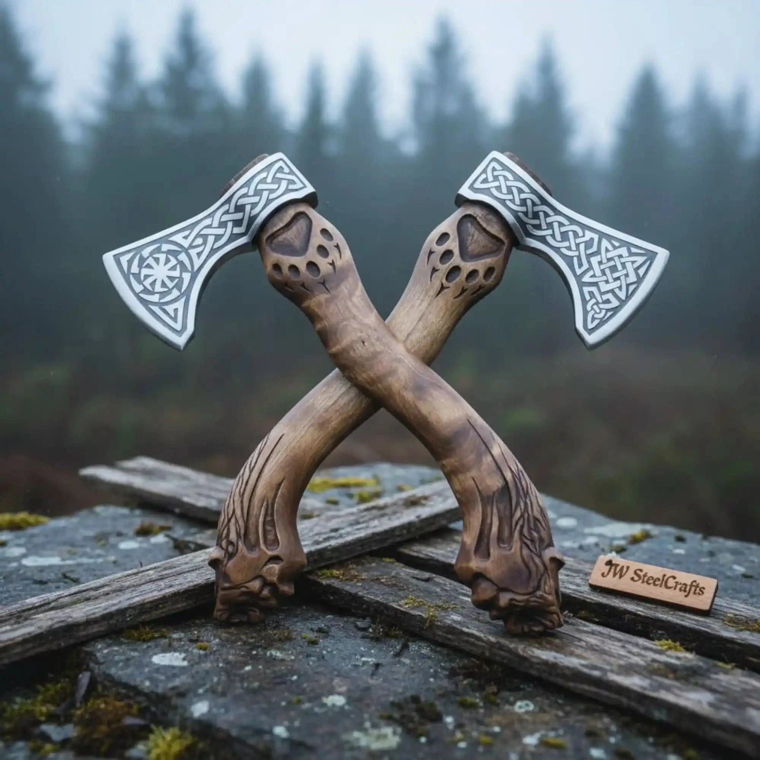 Hand Engraved Norse Viking Bearded Axe Set – Celtic Knot Steel Heads with Carved Hardwood Handles