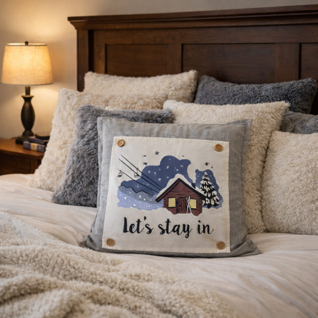 NEW! SQUARE BUNDLE SET: CHARCOAL PILLOW (comes with foam insert and these 3 panels in back pocket); Winter : LODGE, HEARTS, SPRING BOOT