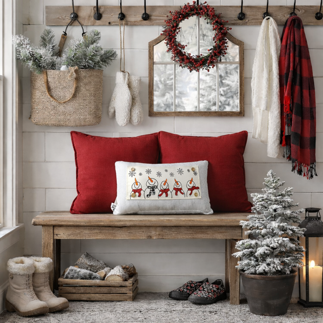 PANEL ONLY:
RECTANGLE Season Panel: Winter January Decor Snow Snowflake Christmas; Singing Chorus Caroling Scarf Dancing Happy SNOWMAN SCARVES