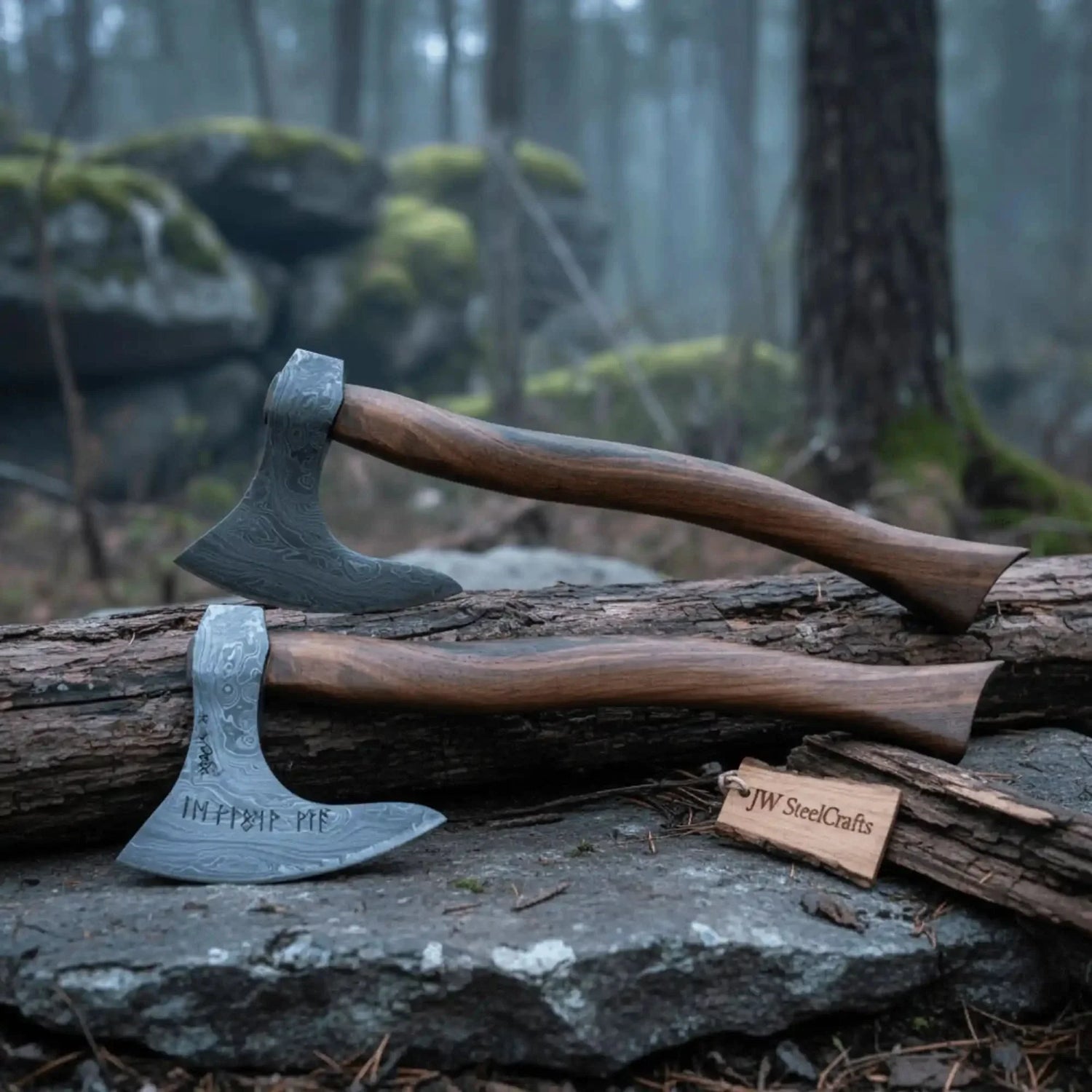 Damascus Skeggøx Bearded Axe Set with Two Matched Forged Heads