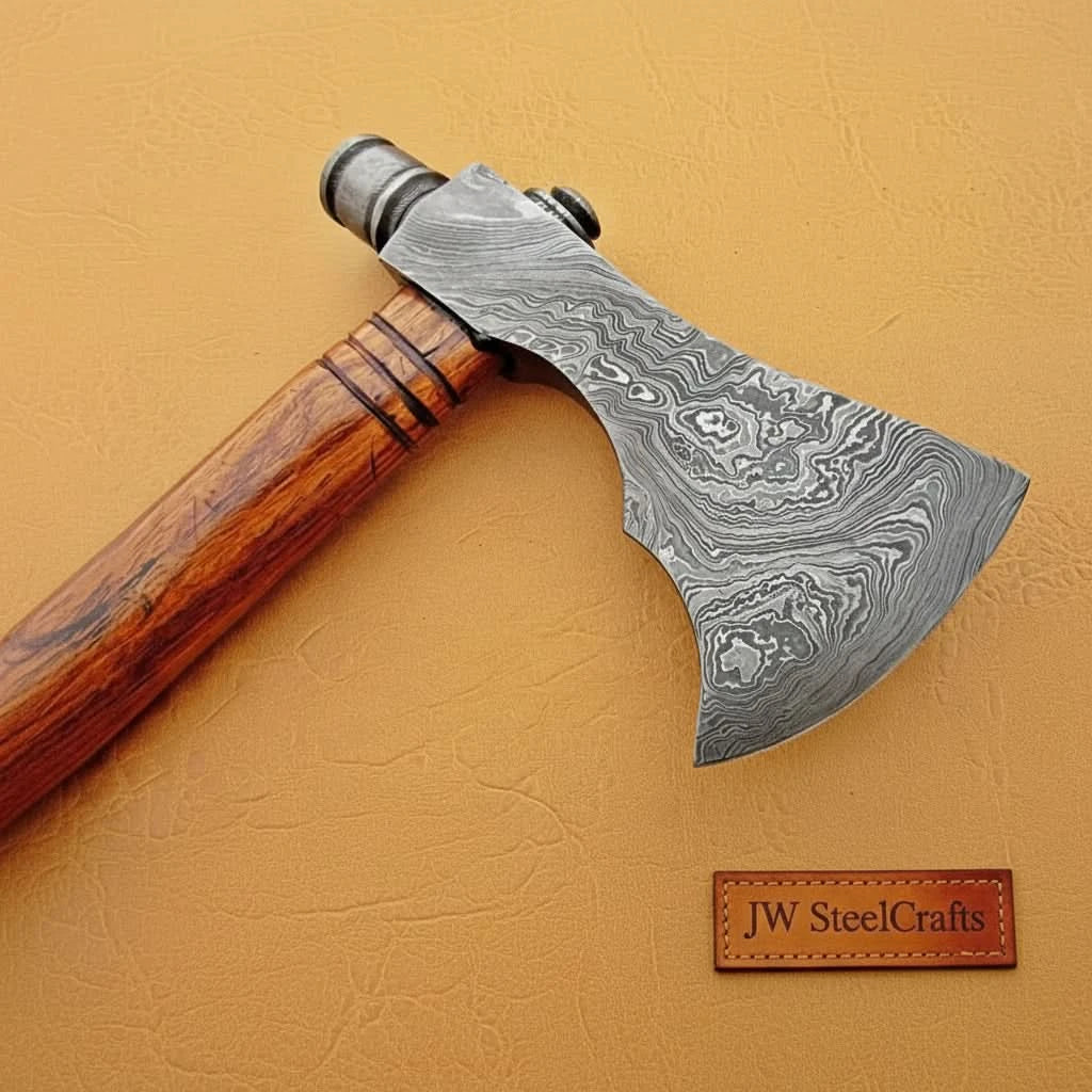 Damascus Smoking Axe with Leather Sheath and Ringed Rosewood Handle