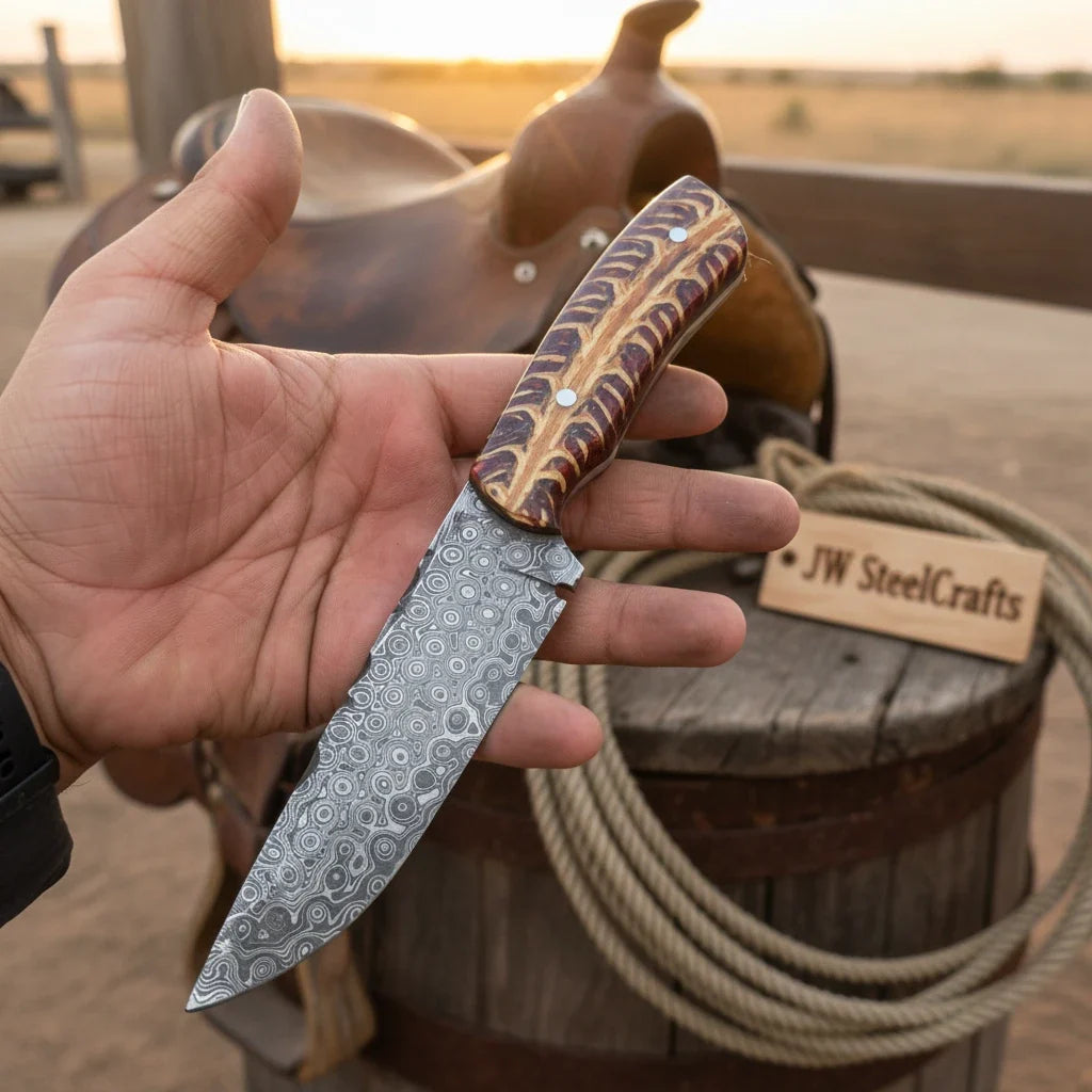 Corral Ridge Cowboy Blade 9” Handmade Damascus Stag Bone by JW SteelCrafts