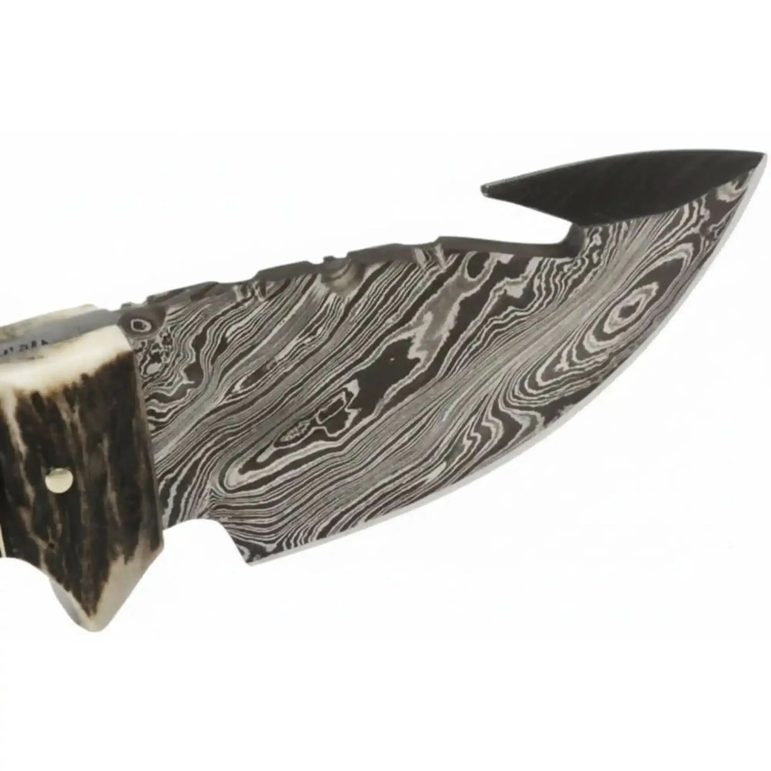 Damascus Steel Skinner Knife w/ Stag Handle and Gut Hook /Hunting Fixed Blade Knife