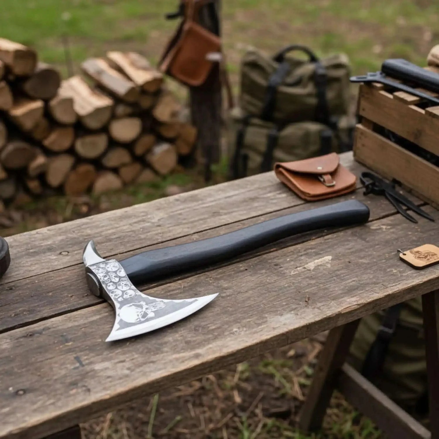 Hand-finished Bearded Axe – Detailed Etched Steel Head with Minimalist Black Handle