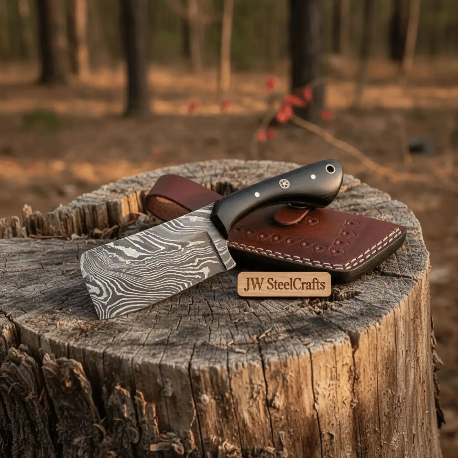 Custom Forged Damascus Mini Butcher Cleaver — Full Tang Black Handle with Leather Sheath