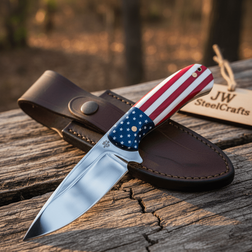 Handmade Drop Point Hunting Knife – High Polish Bearing Steel Blade, USA Flag Handle, Full Tang Fixed Blade