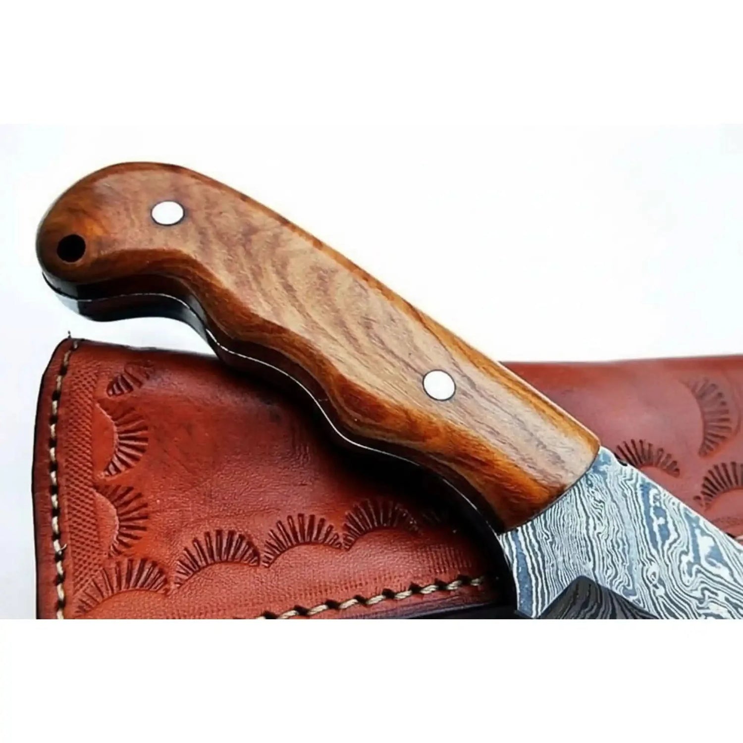 Damascus Drop Point Skinner Knife 3 Inch Blade Rosewood Handle Fixed Blade With Leather Sheath
