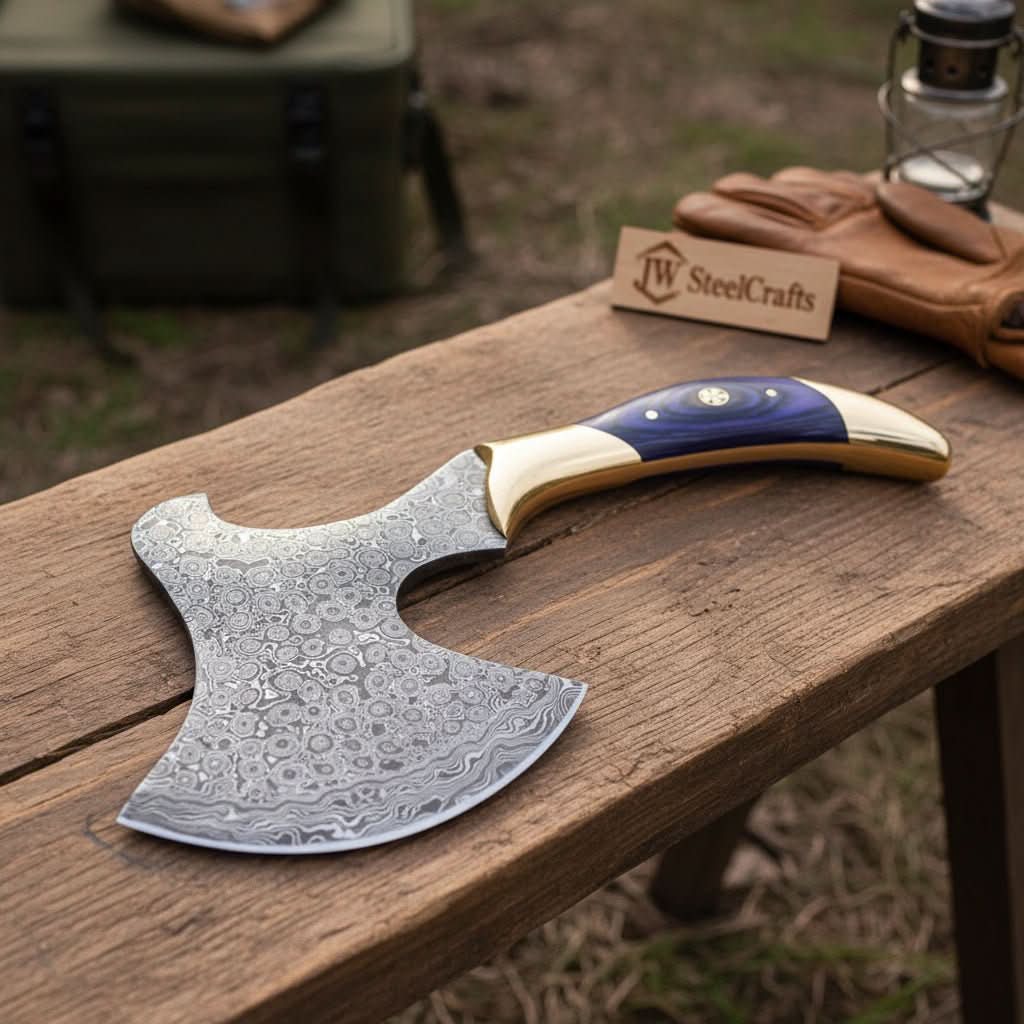 Damascus Steel Bushcraft Axe with Hardwood Handle & Leather Sheath