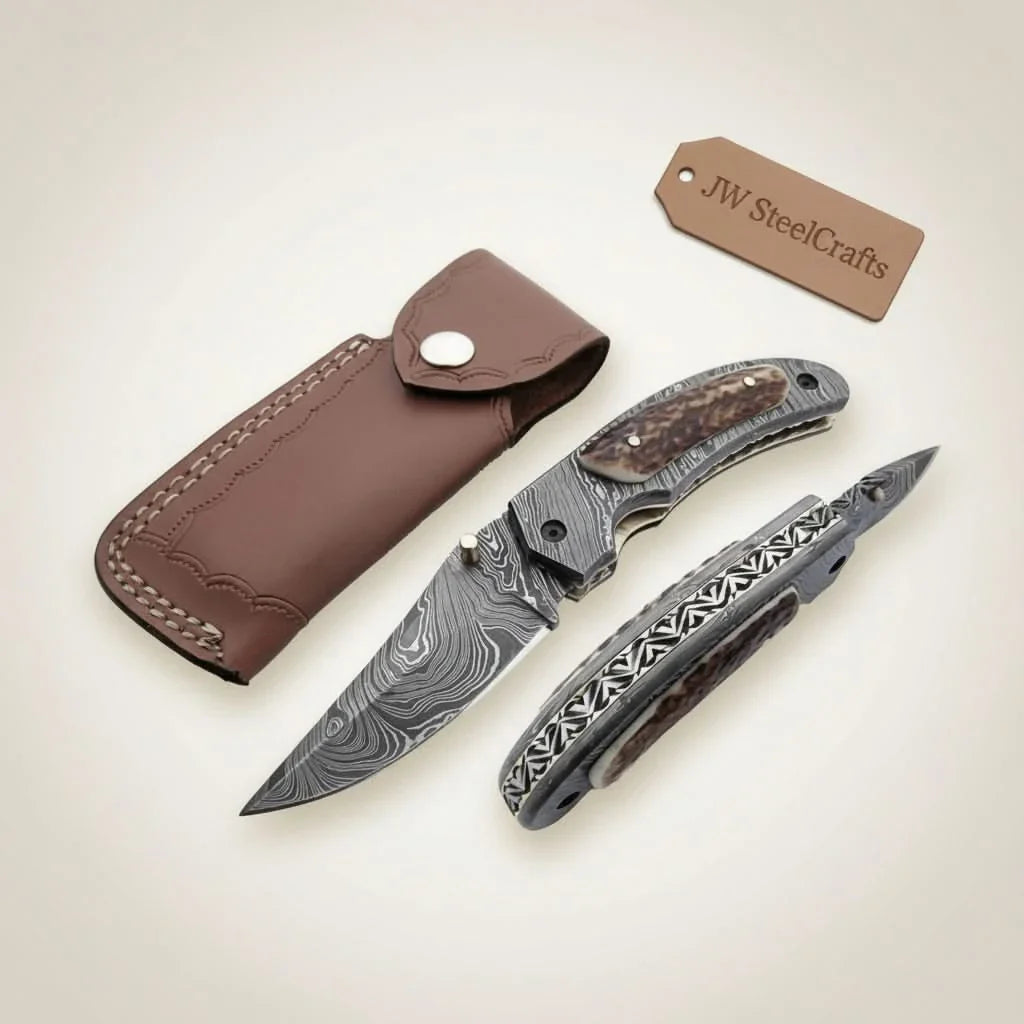 Handmade Damascus Folding Pocket Knife with Floral Engraved Handle – Compact EDC Knife by JW SteelCrafts