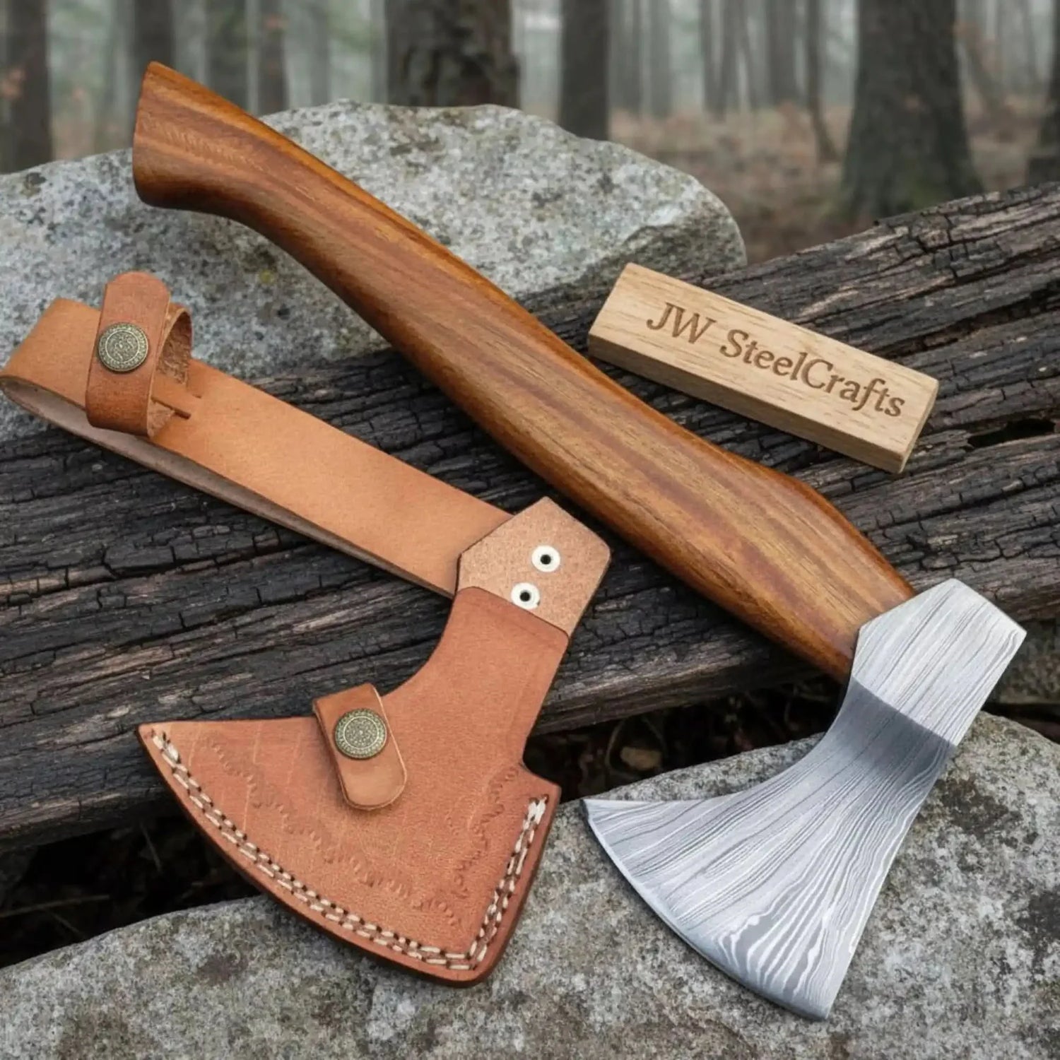 Compact Damascus Bushcraft Hatchet with Layered Forged Head