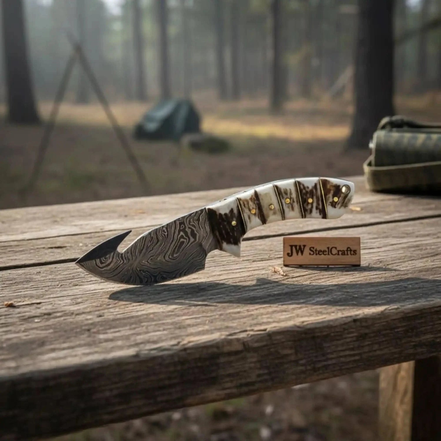 Damascus Steel Skinner Knife w/ Stag Handle and Gut Hook /Hunting Fixed Blade Knife