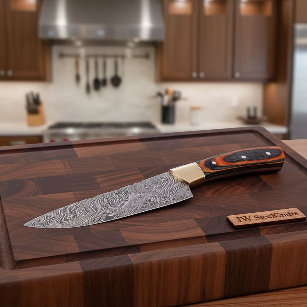 CUSTOM HAND FORGED DAMASCUS STEEL CHEF KNIFE WOOD AND BRASS HAndle