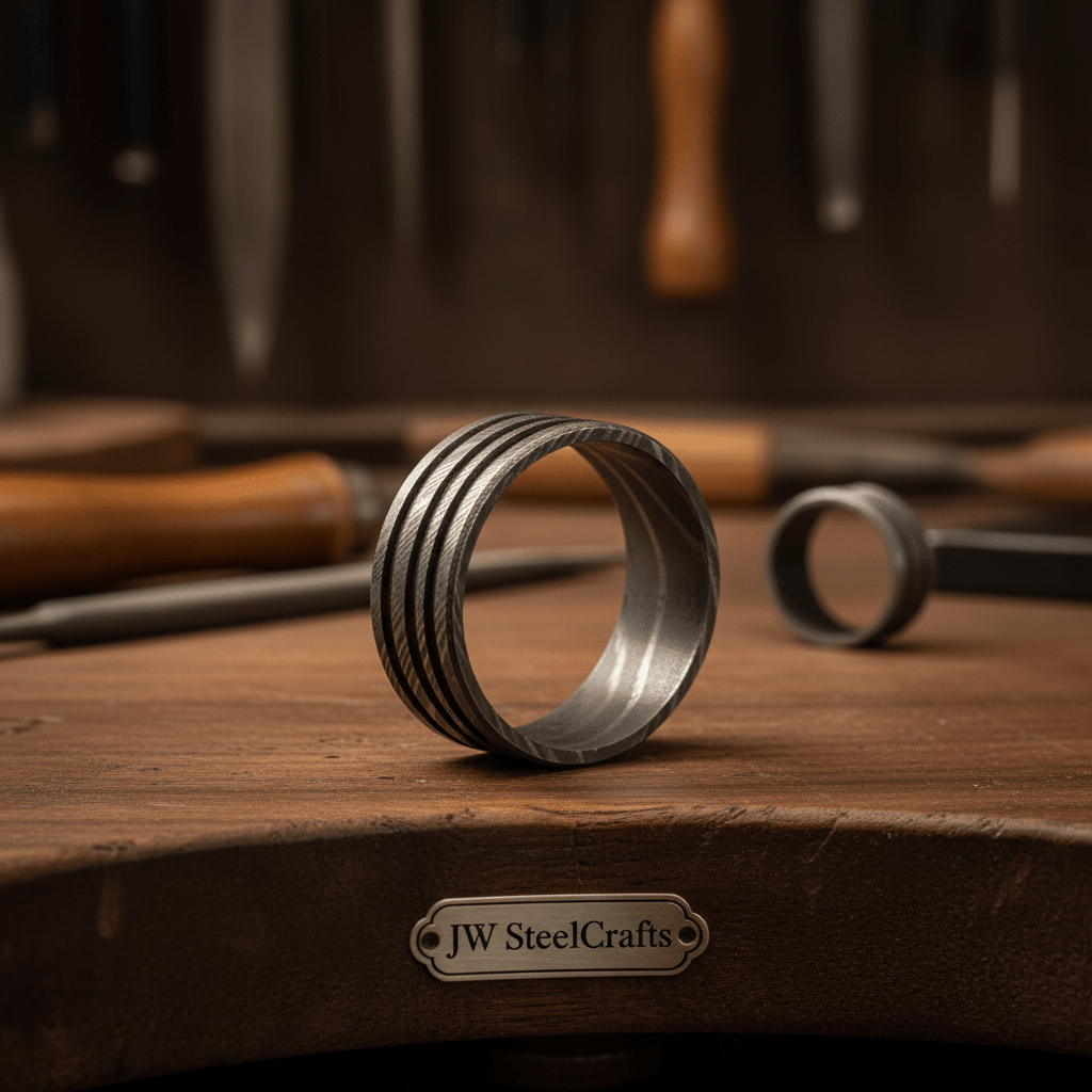 Silver Damascus Triple Groove Ring with Bright Finish