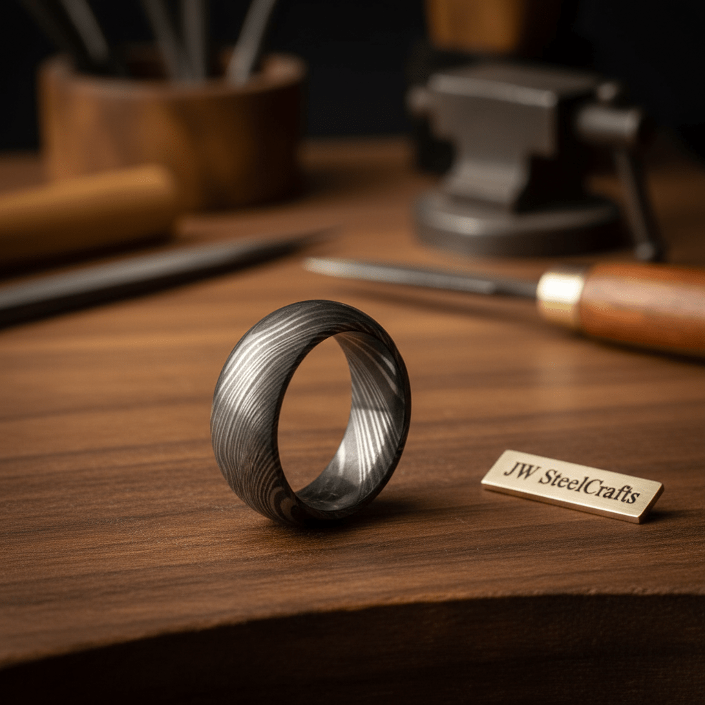 Domed Twist Damascus Wedding Band with Diagonal Spiral Pattern