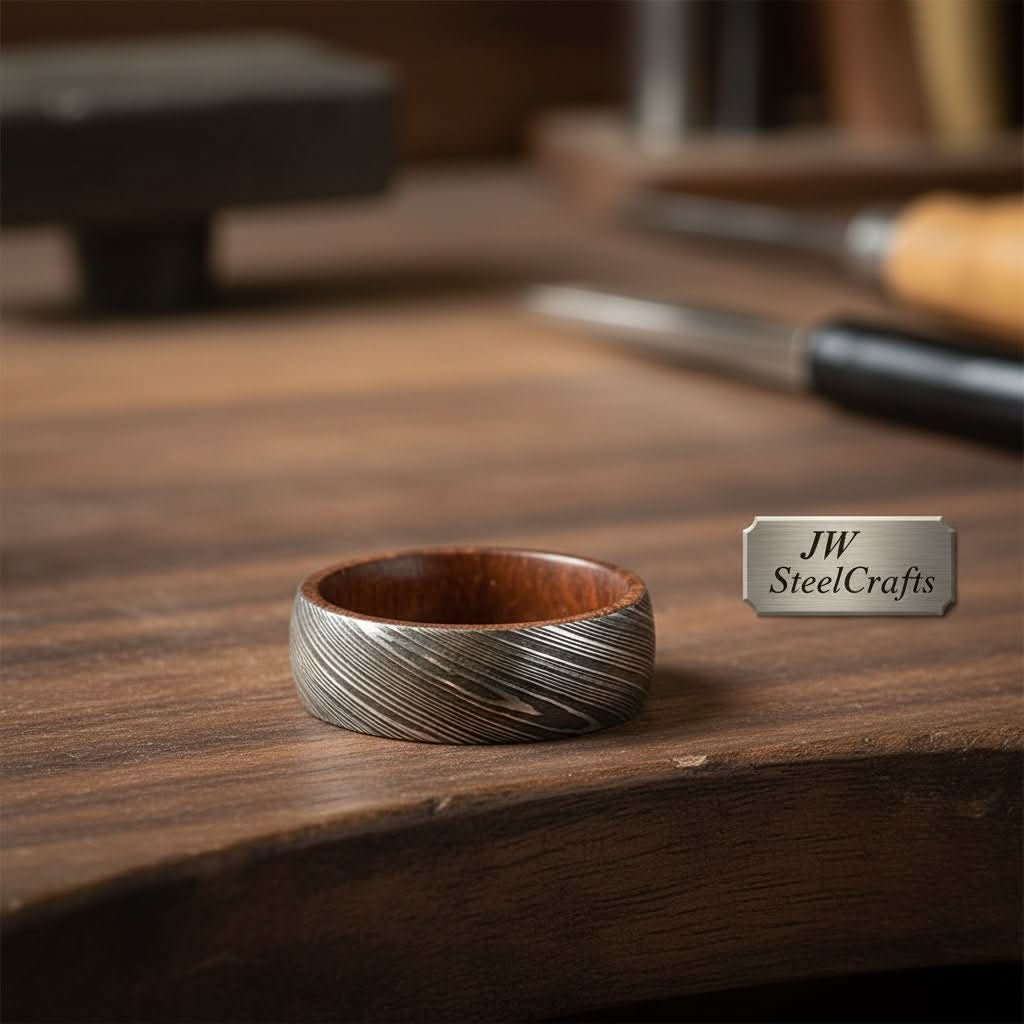 Damascus Wood Sleeve Ring with Natural Wood Liner and Linear Steel Pattern