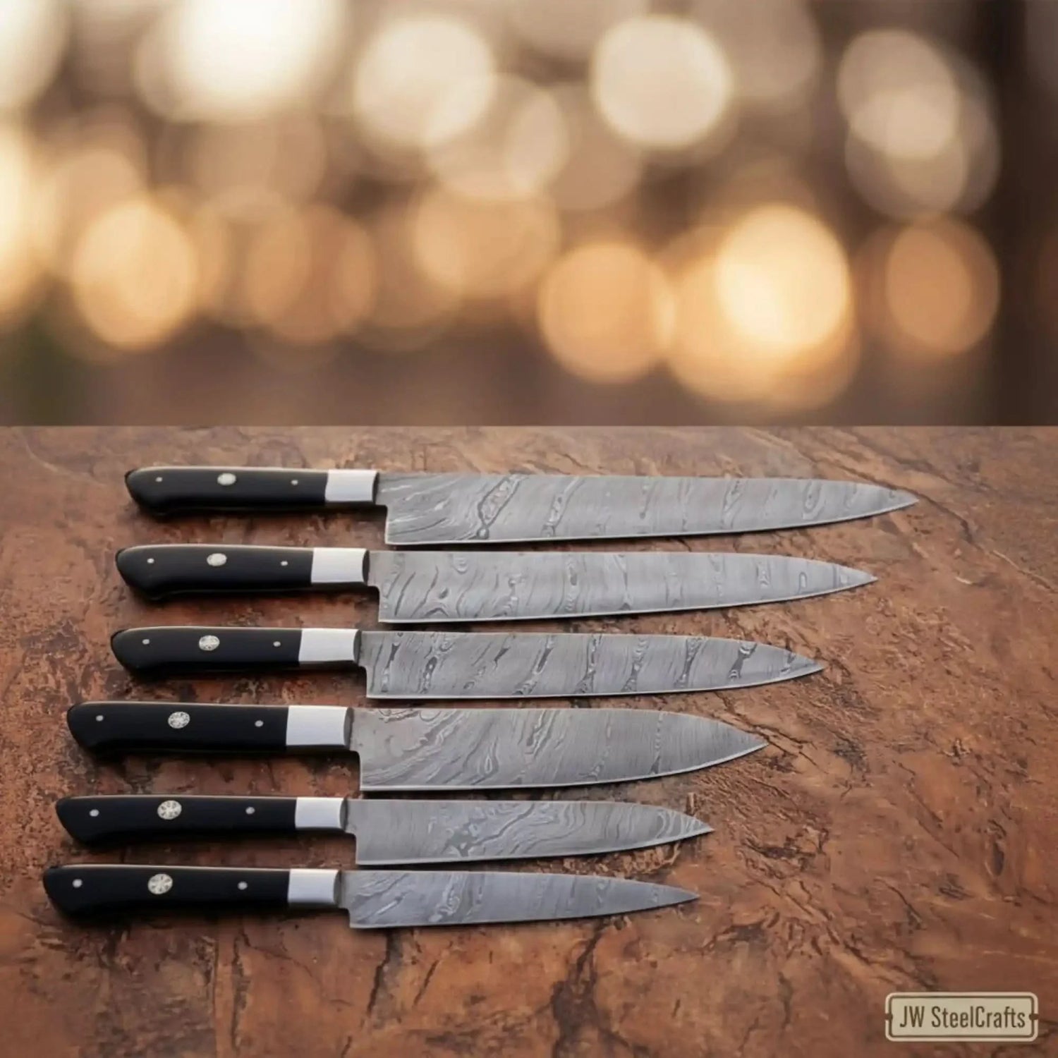 Forged 6-Piece Damascus Carving and Slicer Knife Set with Long Damascus Blades, Black Resin Handles