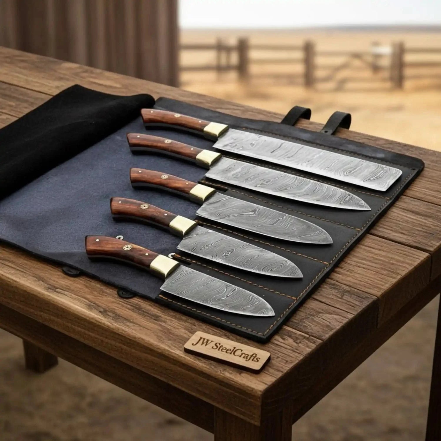 5-Piece Damascus Kitchen Knife Set Pakka Wood Leather Roll with Wood Grain Blades
