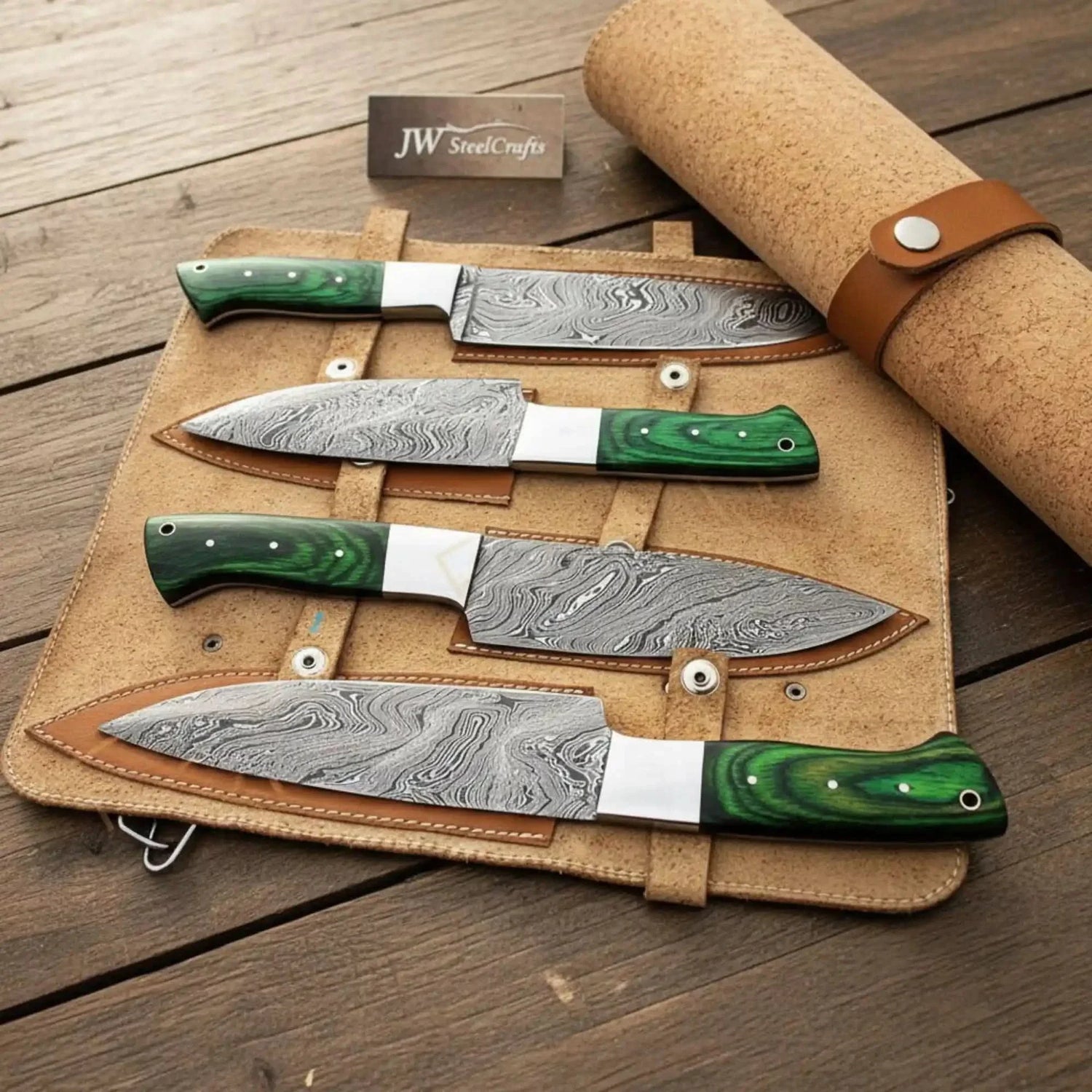 Handmade Damascus Kitchen Knife Set – Chef, Santoku, Utility Knives with Green Wood Handles