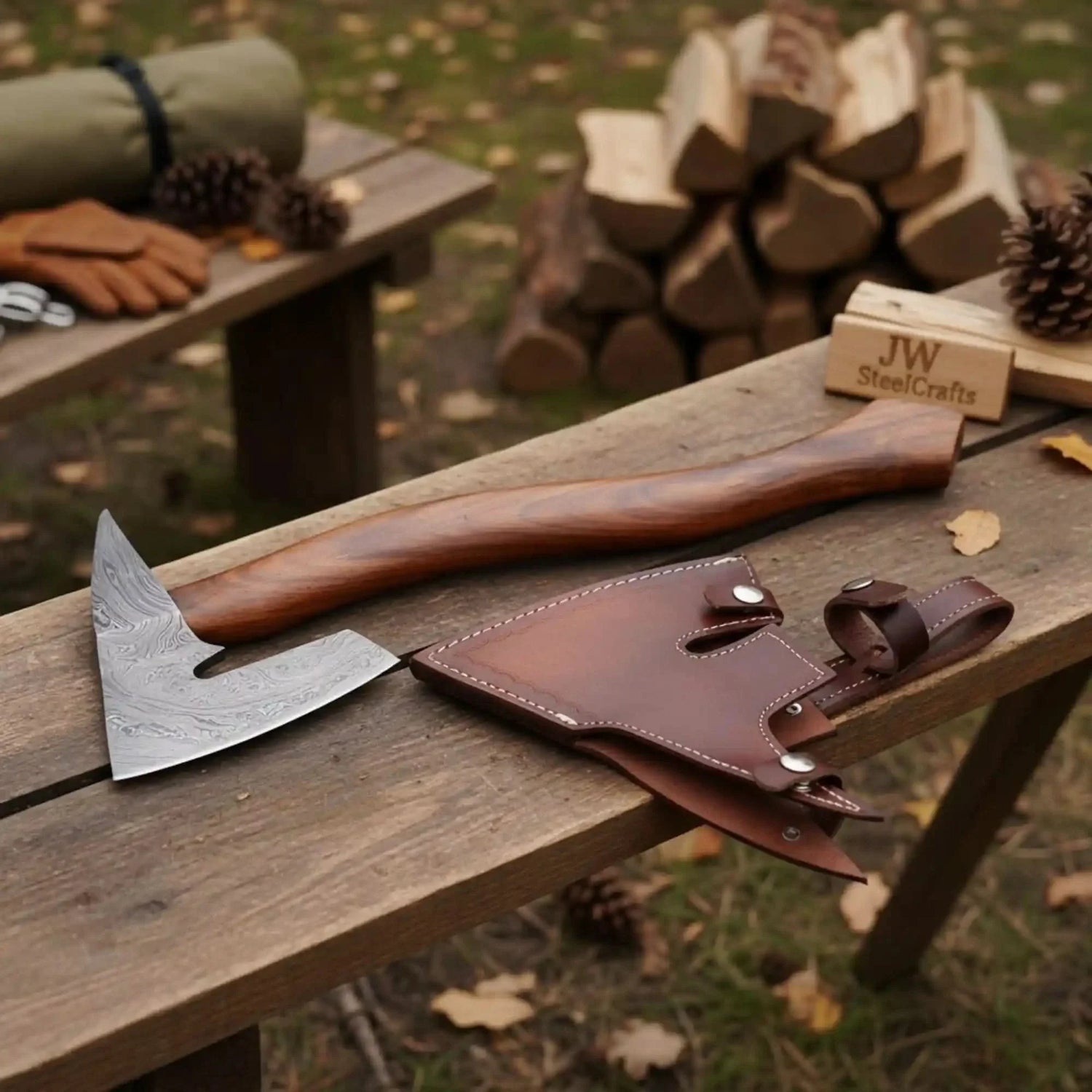 Rear Notch Bearded Axe with Angular Forged Damascus Head