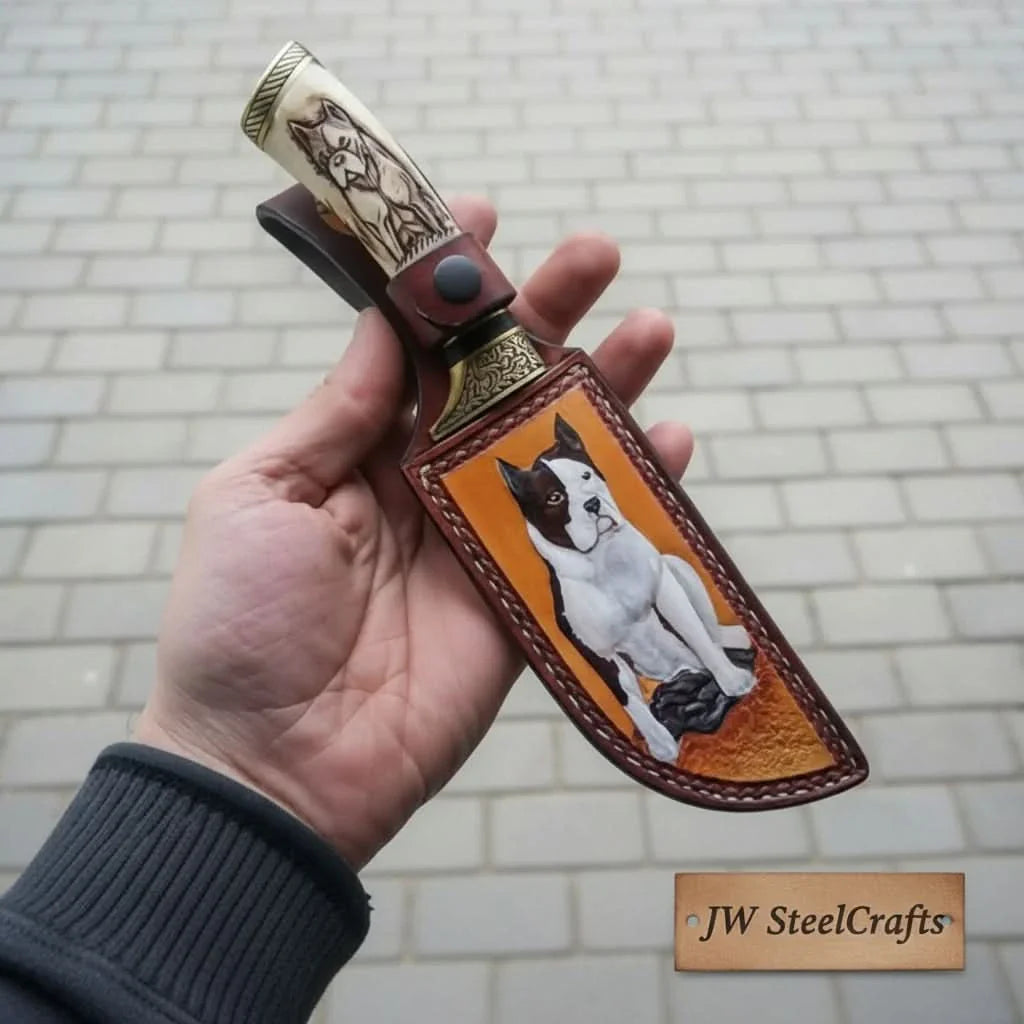 Damascus Steel Dog Engraved Bone Handle Hunting Skinner Knife – 10 Inch Overall l