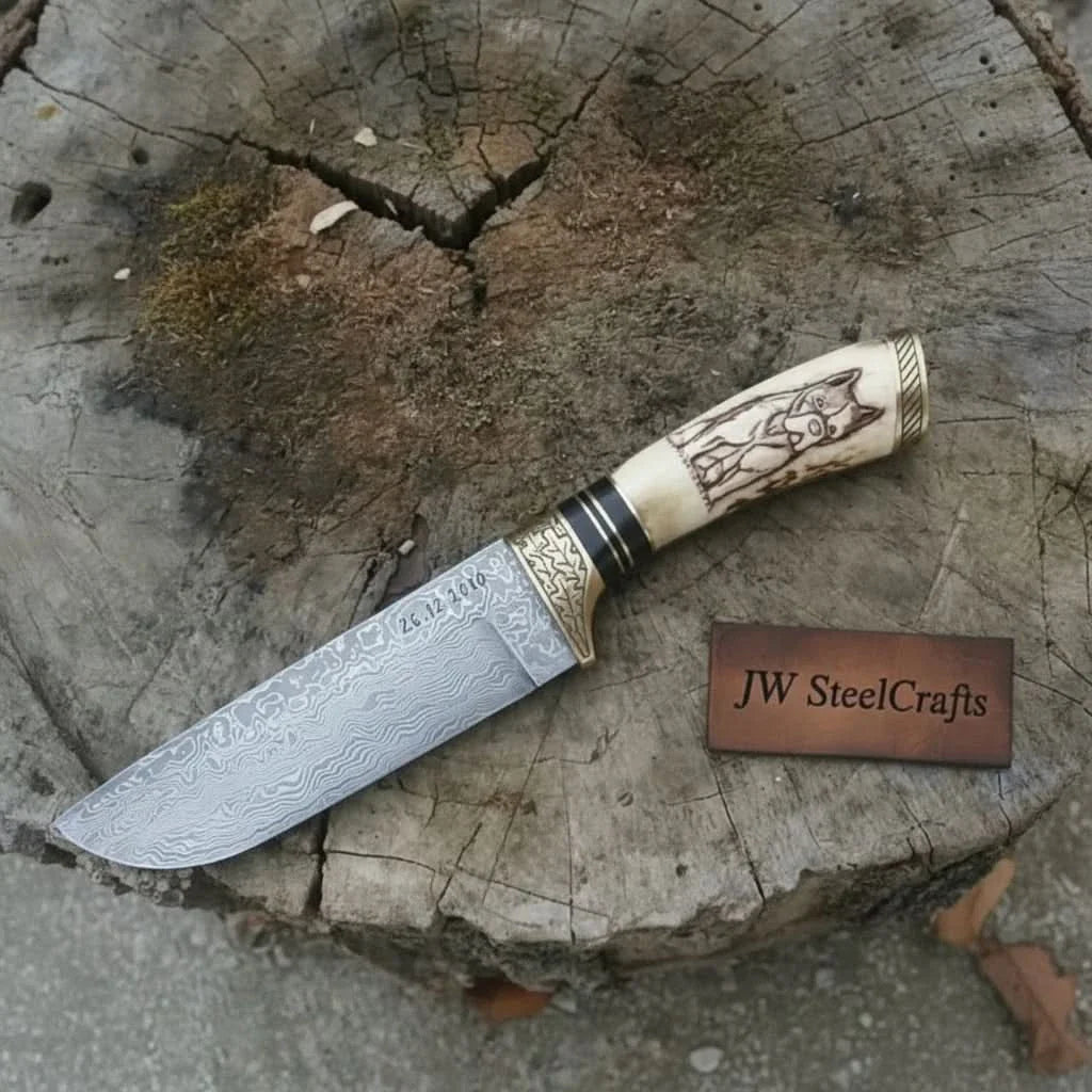 Damascus Steel Dog Engraved Bone Handle Hunting Skinner Knife – 10 Inch Overall l