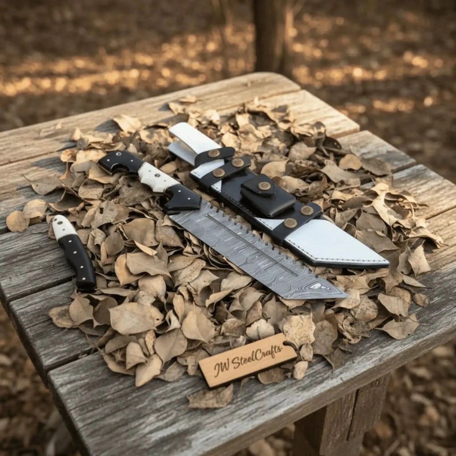 Damascus Steel Tracker Knife with Dual-Tone Bone & Black Handle | Handmade Leather Sheath