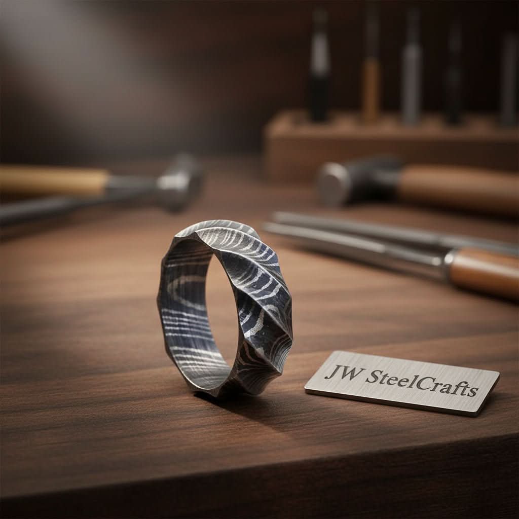 Geometric Damascus Faceted Ring with Twisted Multi-Facet Design