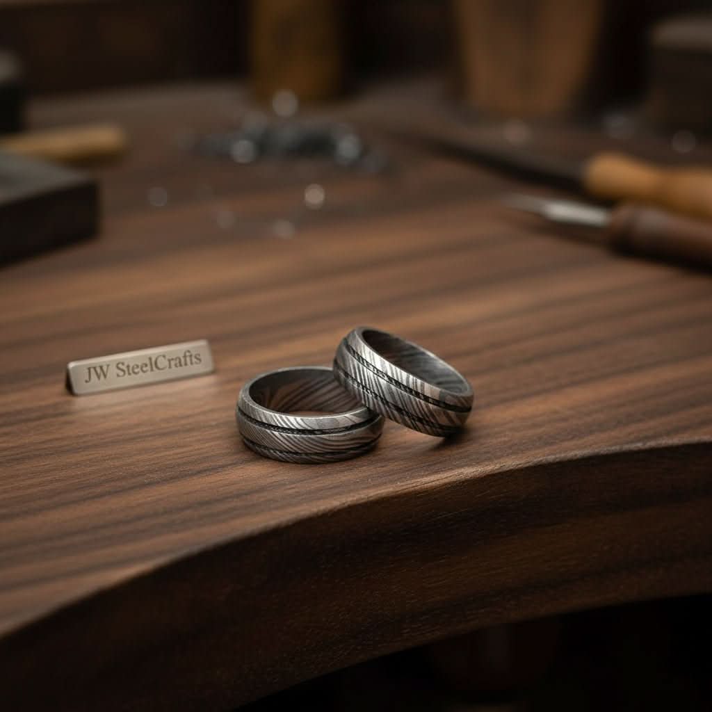 Damascus Grooved Band set with Twisted Pattern for Couples