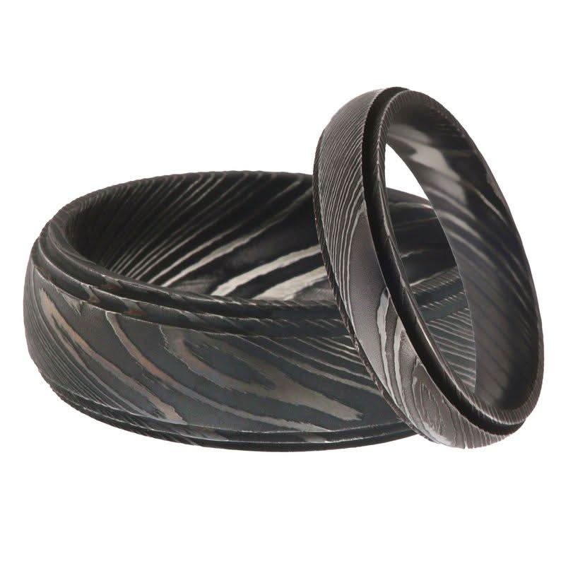 Damascus Steel Wedding Band Set with Wide and Slim Black Rings