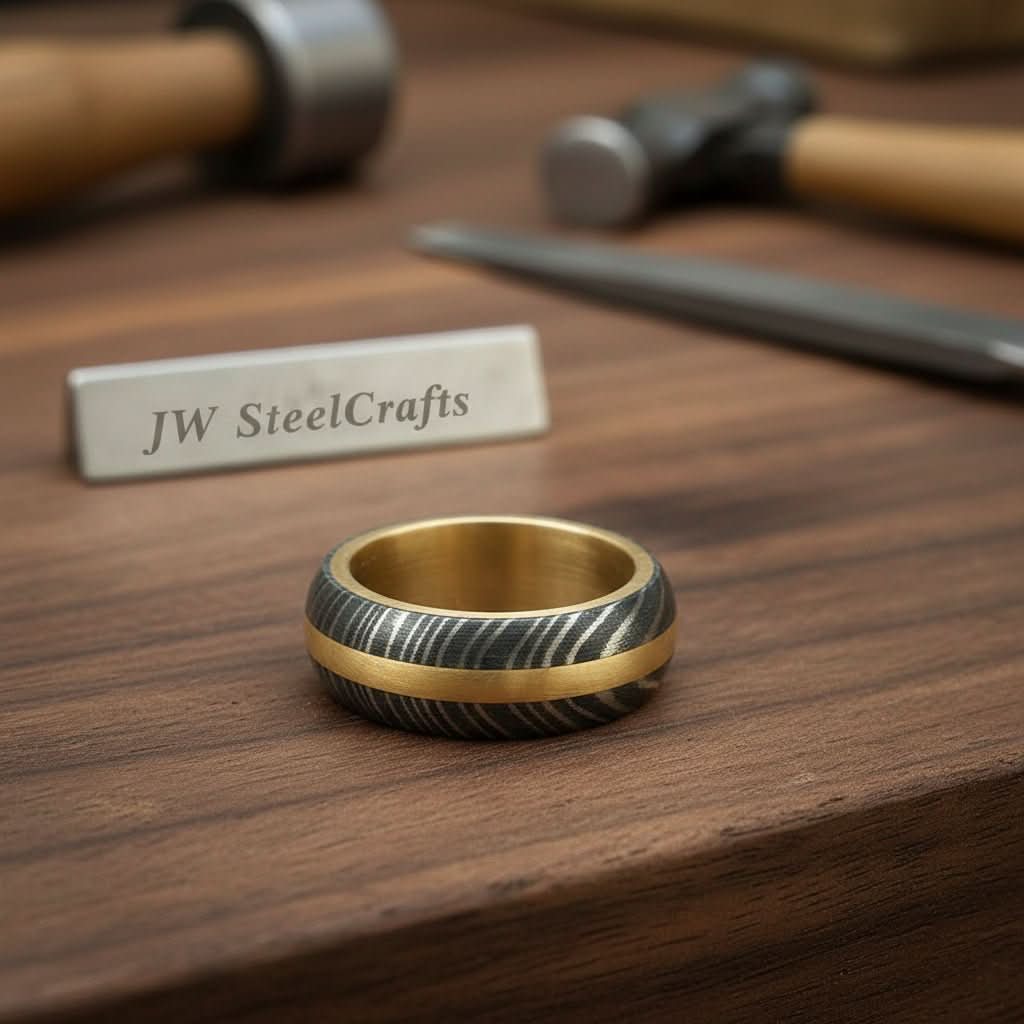 Domed Damascus Gold Inlay Ring with Wide Gold Band