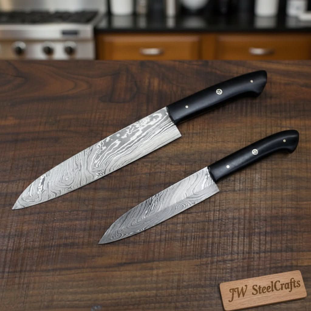 Handmade Japanese Damascus Knife Set, Chef Gyuto and Petty Utility Knives, Black Handle