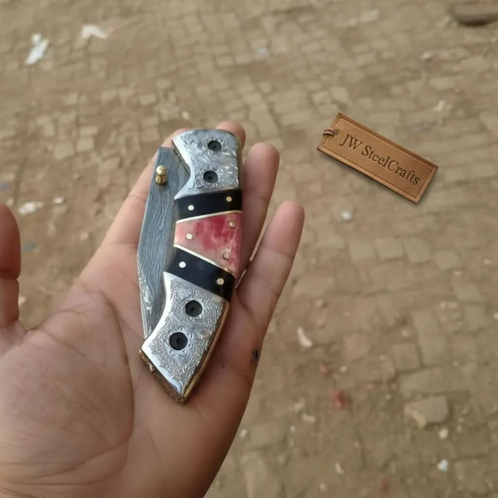 Handmade Damascus Folding Knife with Engraved Bolster, Black Resin and Colored Bone Handle – Custom EDC Pocket Knife by JW SteelCrafts