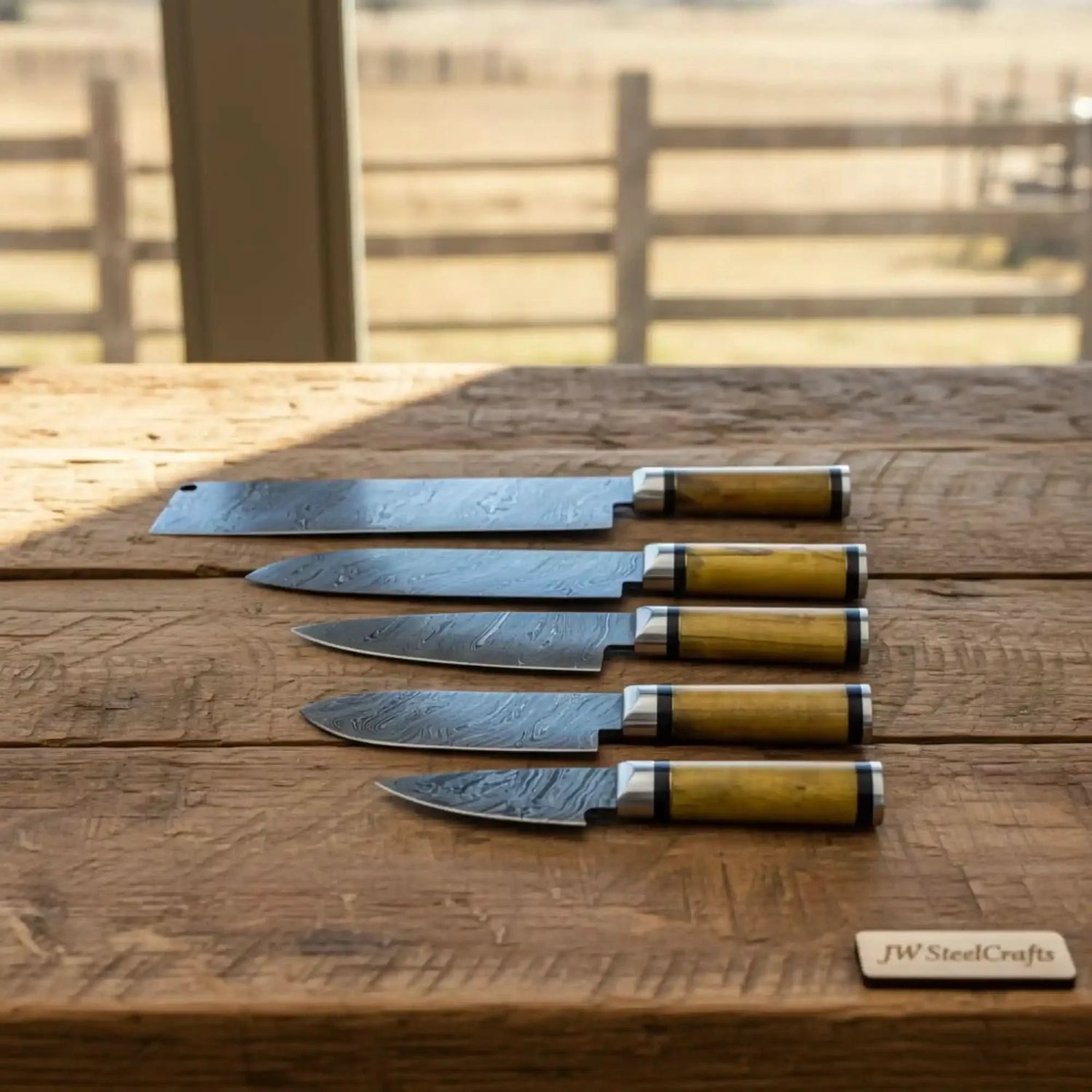 Custom Forged Damascus 5-Knife Chef Set — Olive Wood Handles, Pro Grade