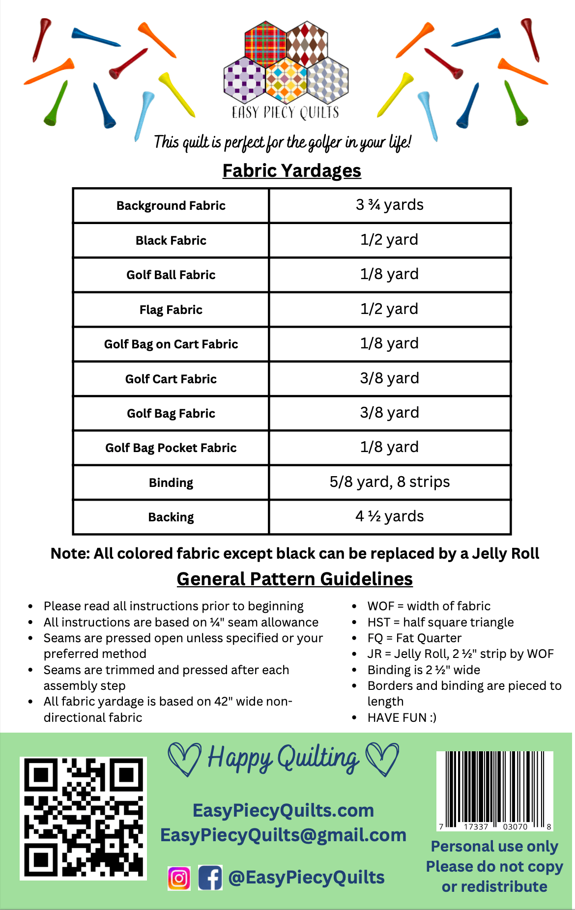 Golf Bags and Flags Quilt Pattern - PRINT PAPER VERSION