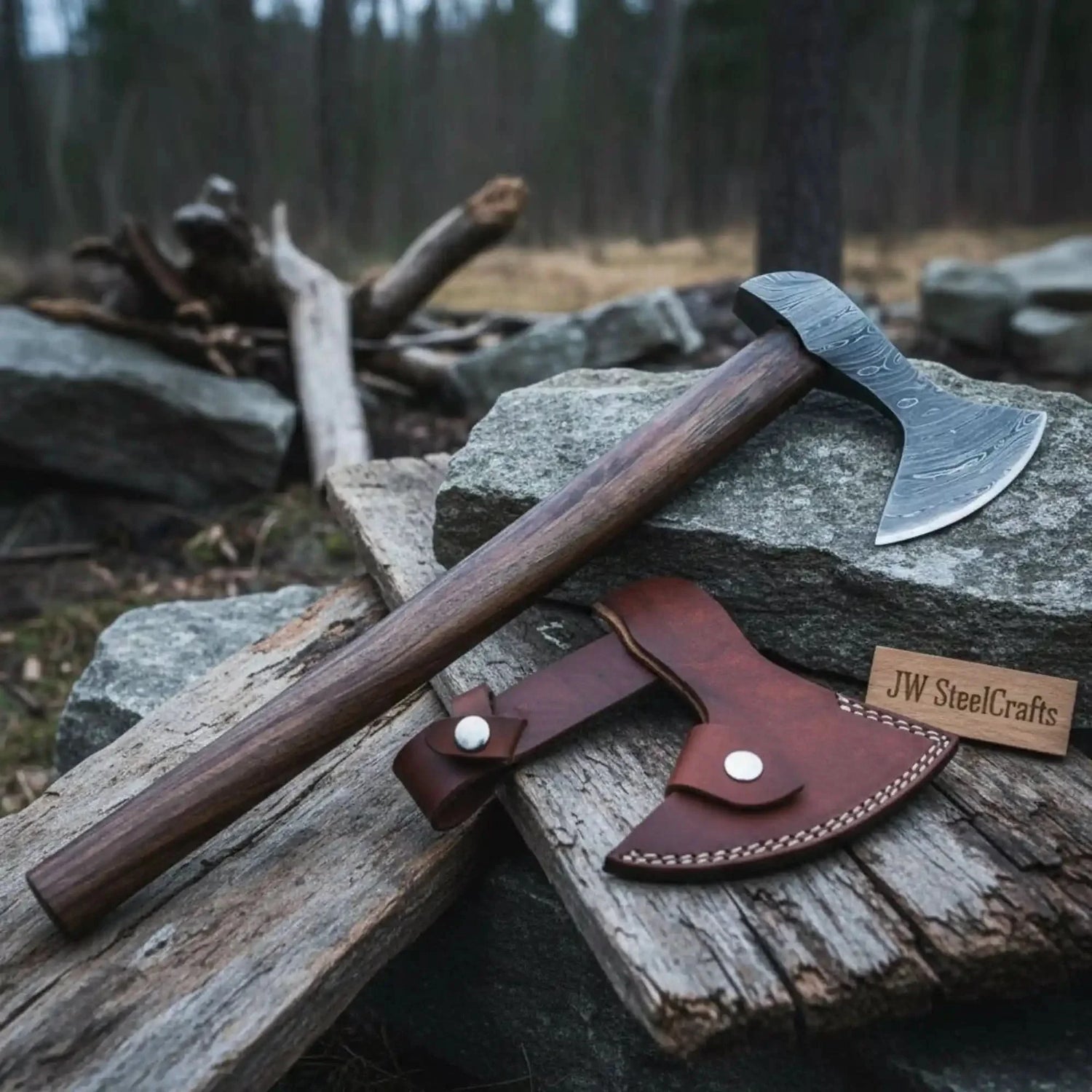 Custom Handmade Damascus Steel Burl Wood Axe Hatchet Tomahawk