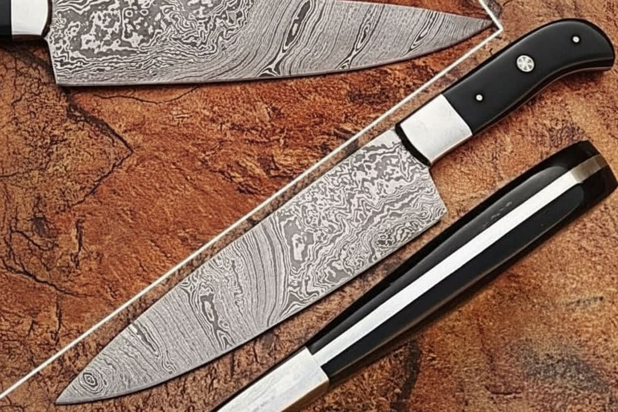 Handcrafted Damascus Steel Chef Knife, Black Resin Handle, Japanese Kitchen Blade by JW SteelCrafts