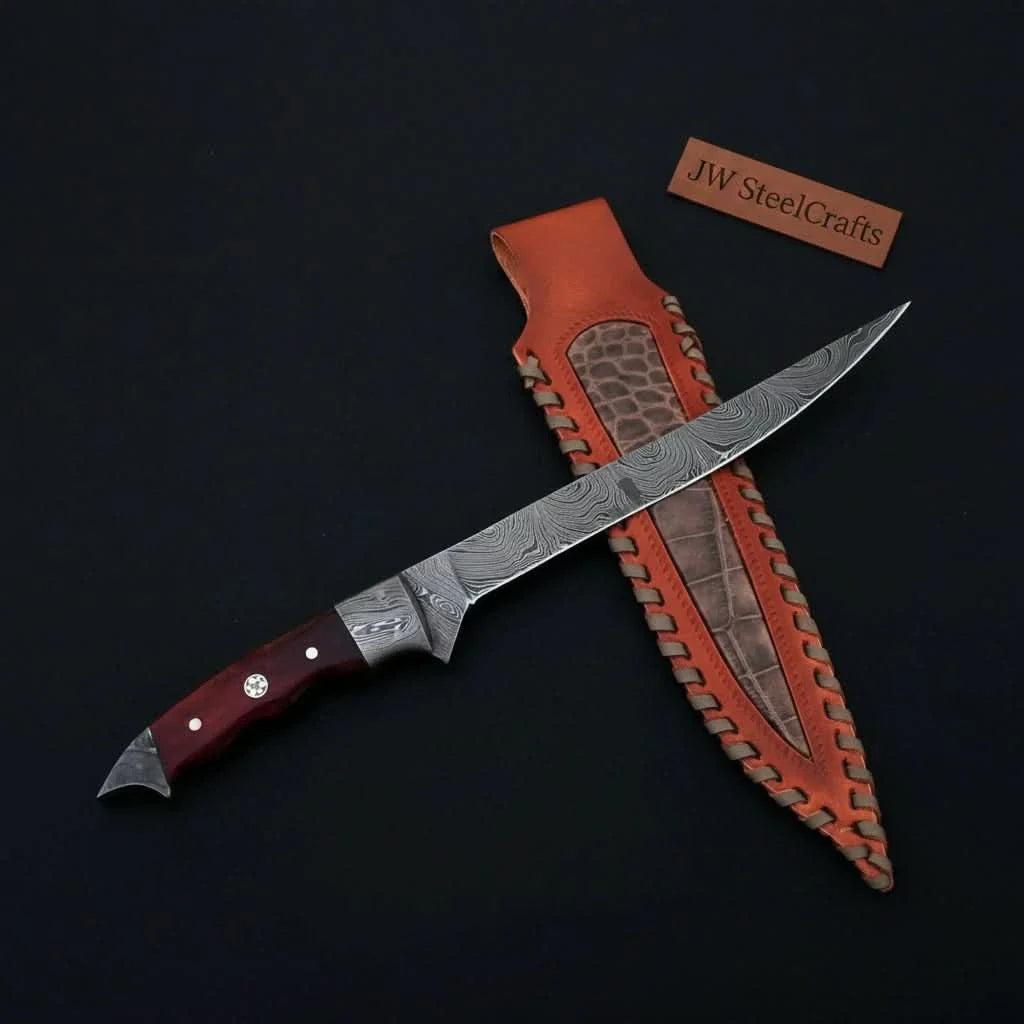 Handmade 13 Inch Overall Damascus Steel Fillet Knife – Full Tang Fishing Knife with Hardwood Handle and Leather Sheath.