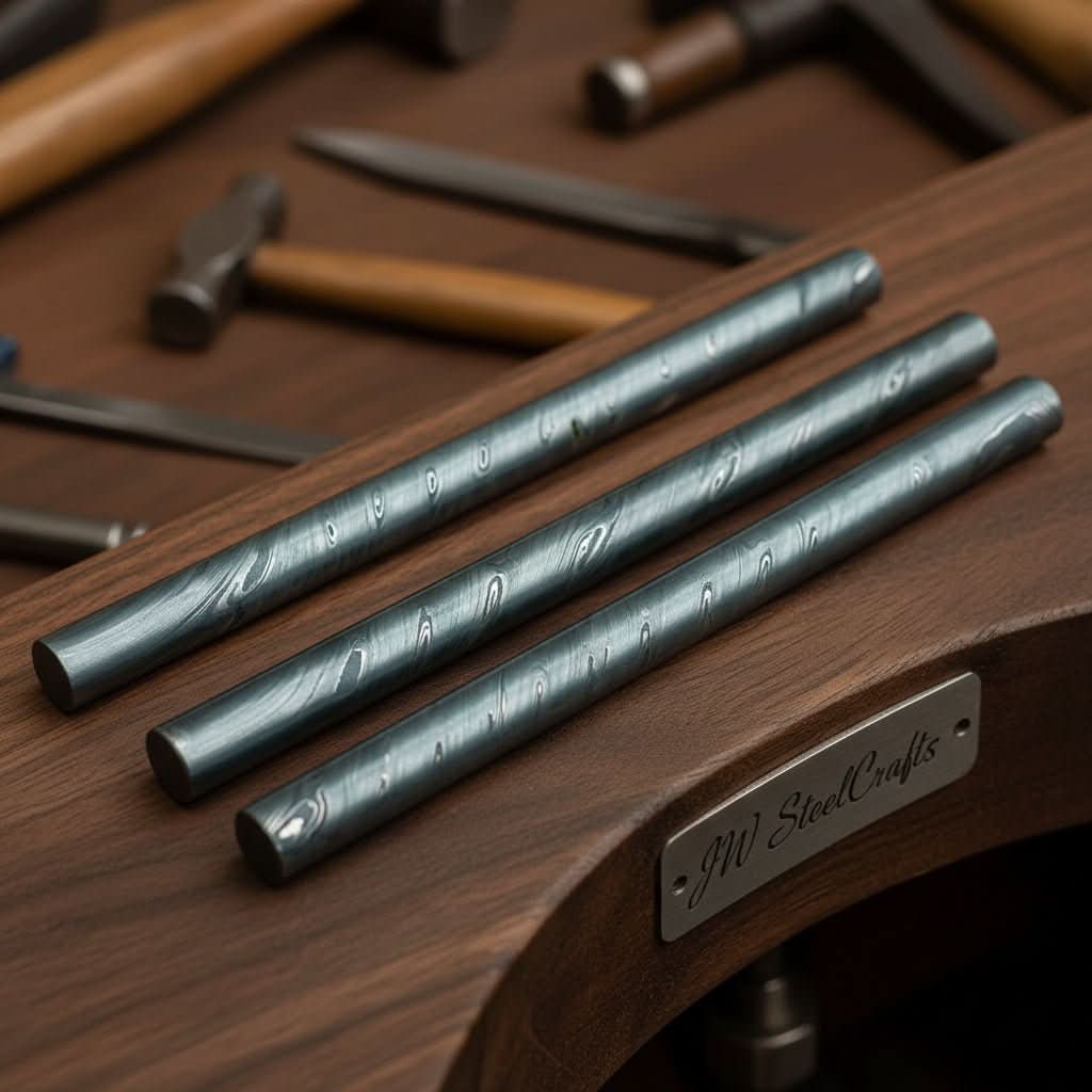 Set of 3 Damascus Steel Twist Pattern Rods 25 mm 10 Inch Billets for Rings Guards and Jewelry Making