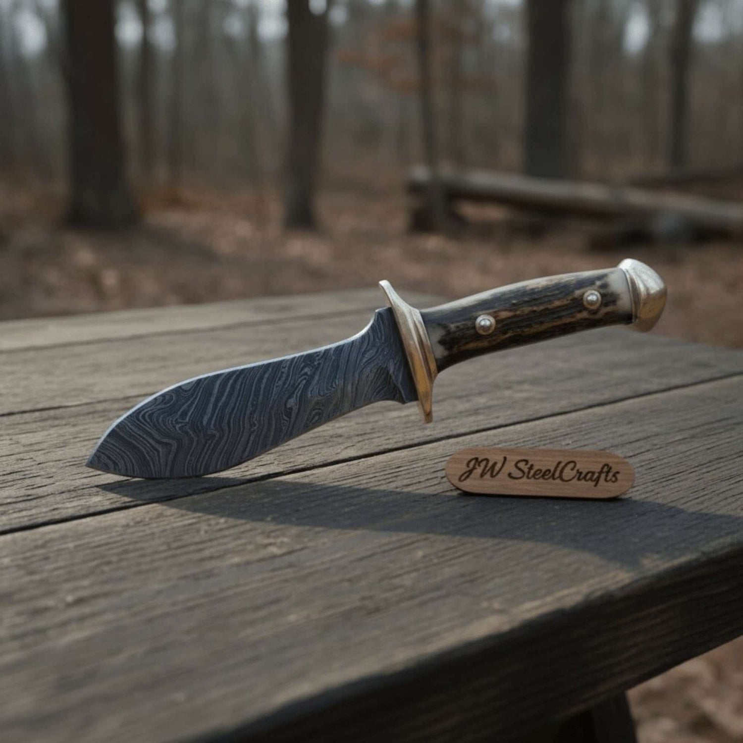 Handmade Persian-Style Upswept Bowie Knife with Stag Handle and Brass Pommel