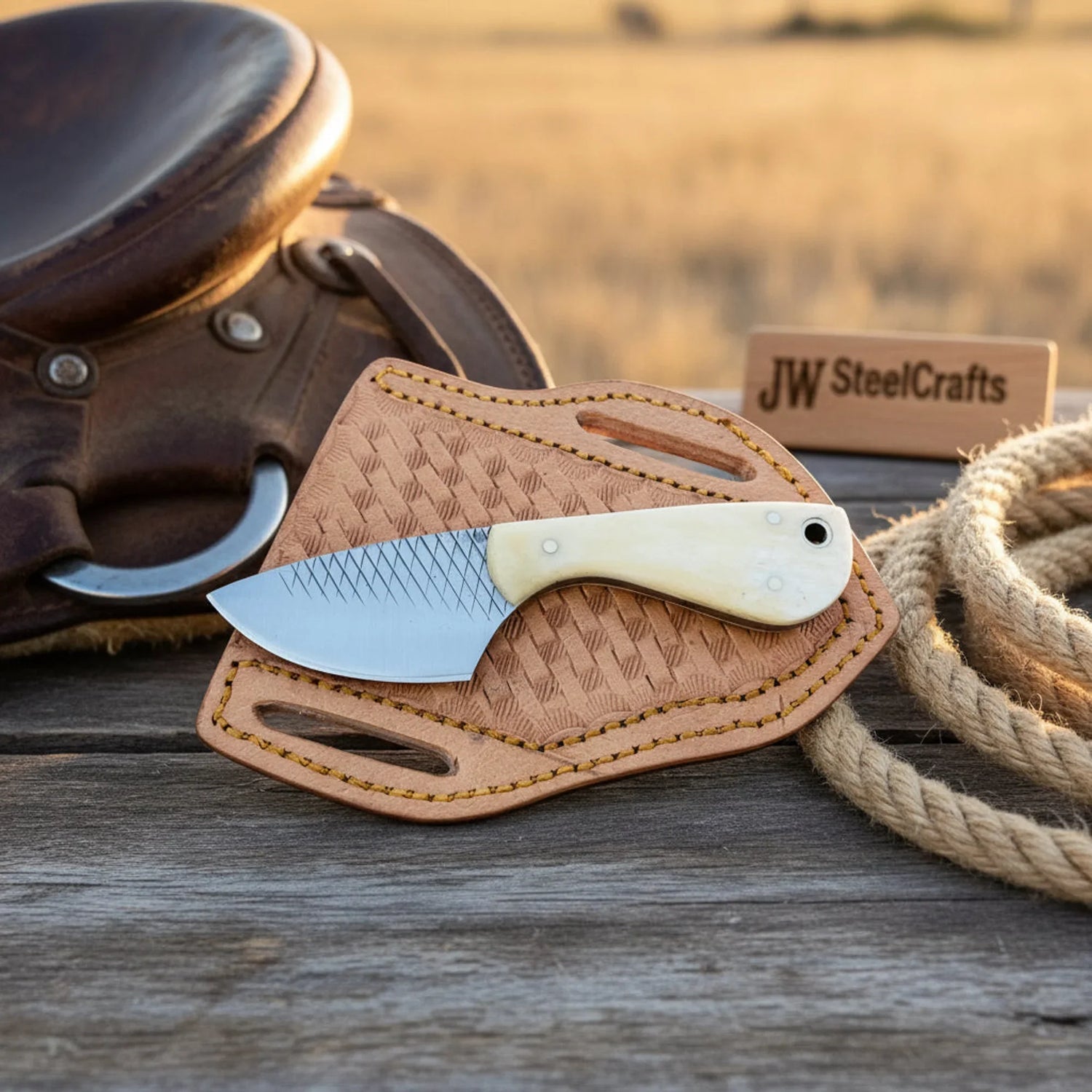 Handmade Rasp Steel Cowboy Knife White Bone Handle Western Pancake Leather Sheath 5