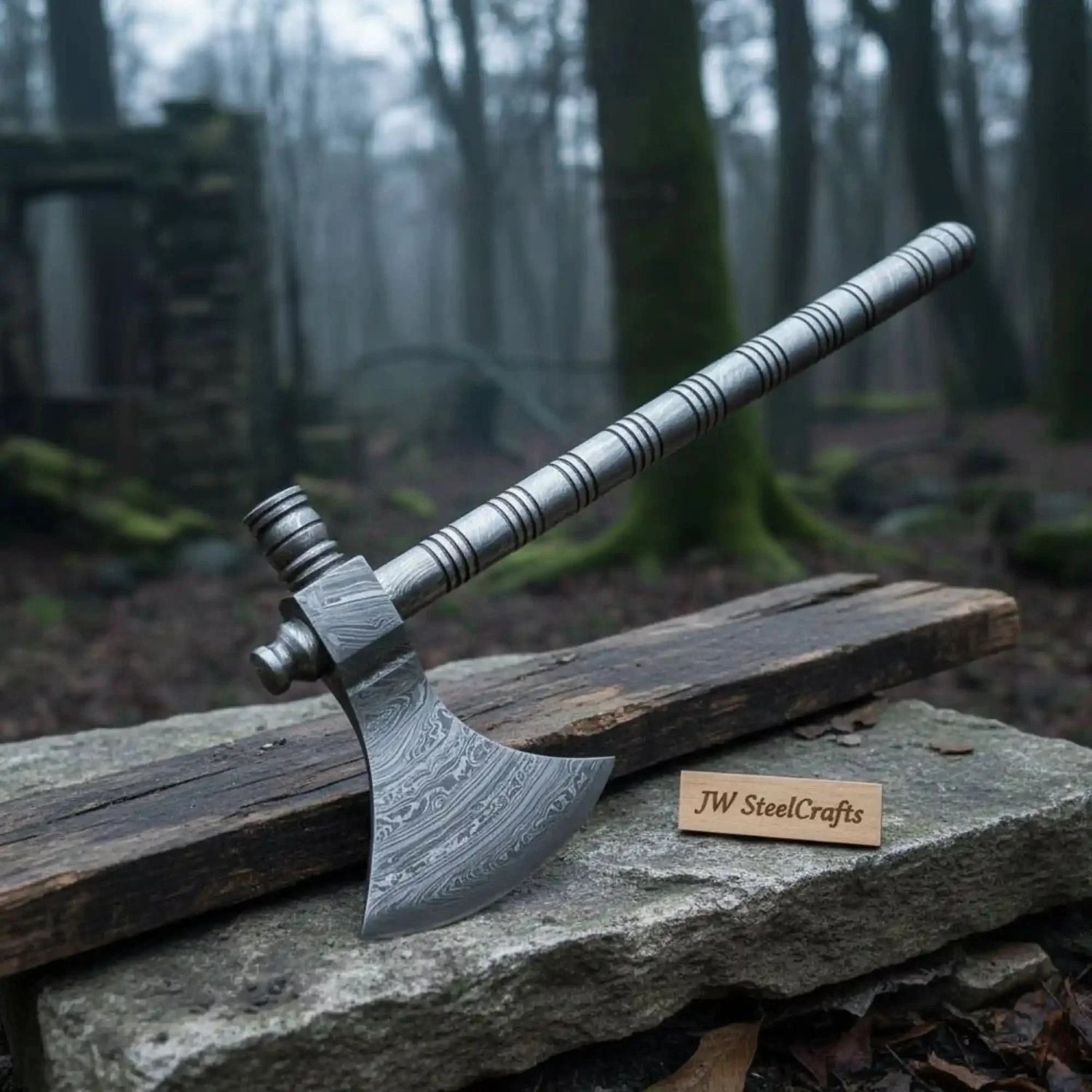 Damascus Steel Smoking Pipe Axe – Hand Forged Functional Pipe Tomahawk with Carved Hardwood Handle | JW SteelCrafts
