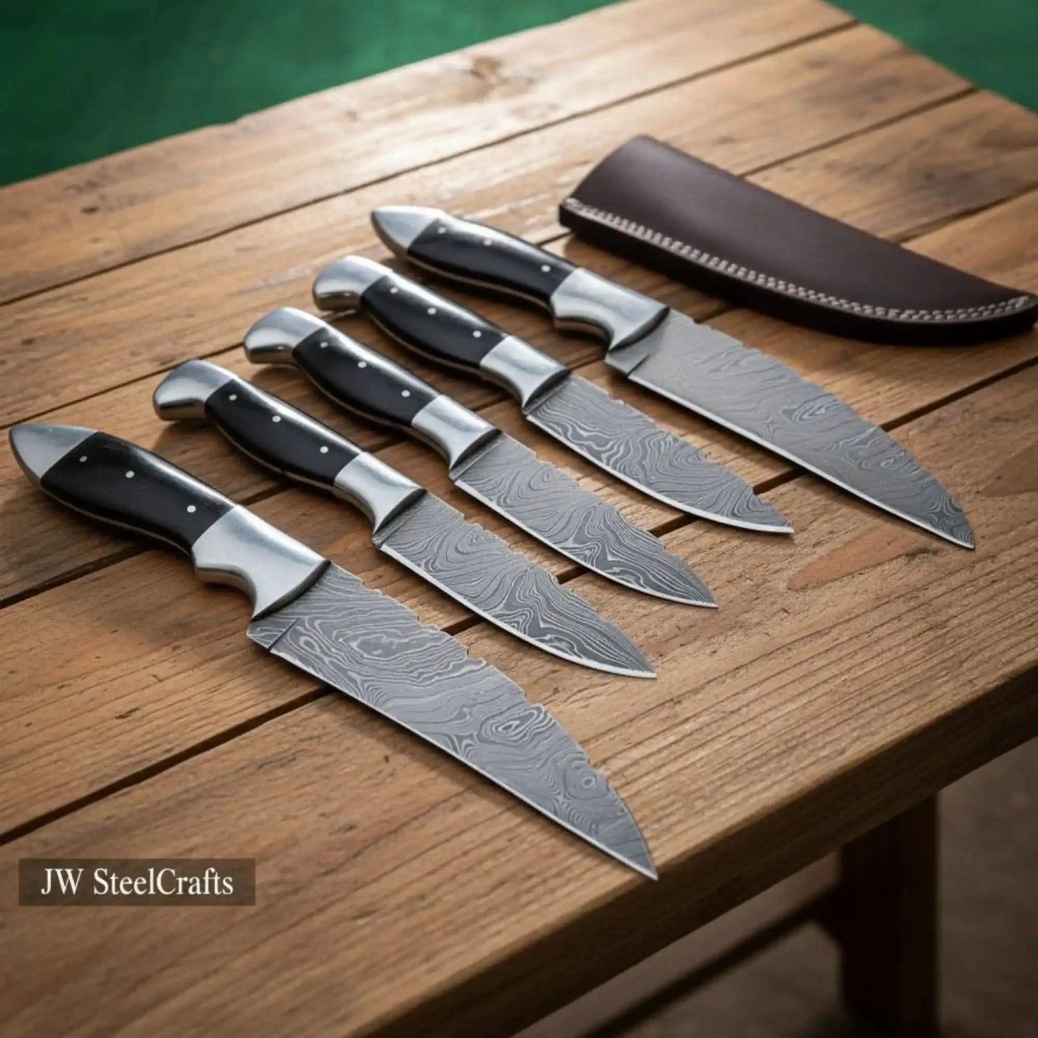 5-Piece Hunting Knife Set with Buffalo Horn Handle — Ladder Damascus Blades & Black Buffalo Horn Handles